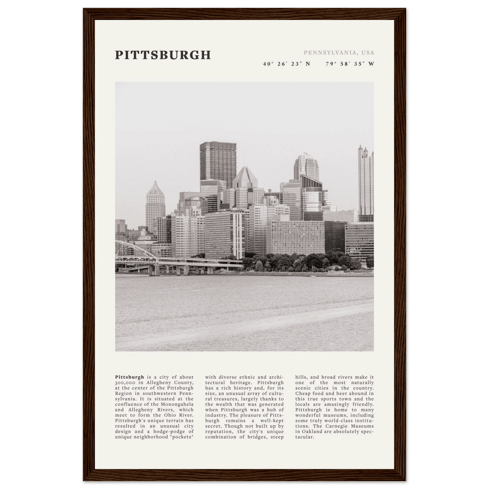 Pittsburgh Poster | Black & White Pennsylvania Skyline Wall Art | PA Travel Print - Evergreen Posters
