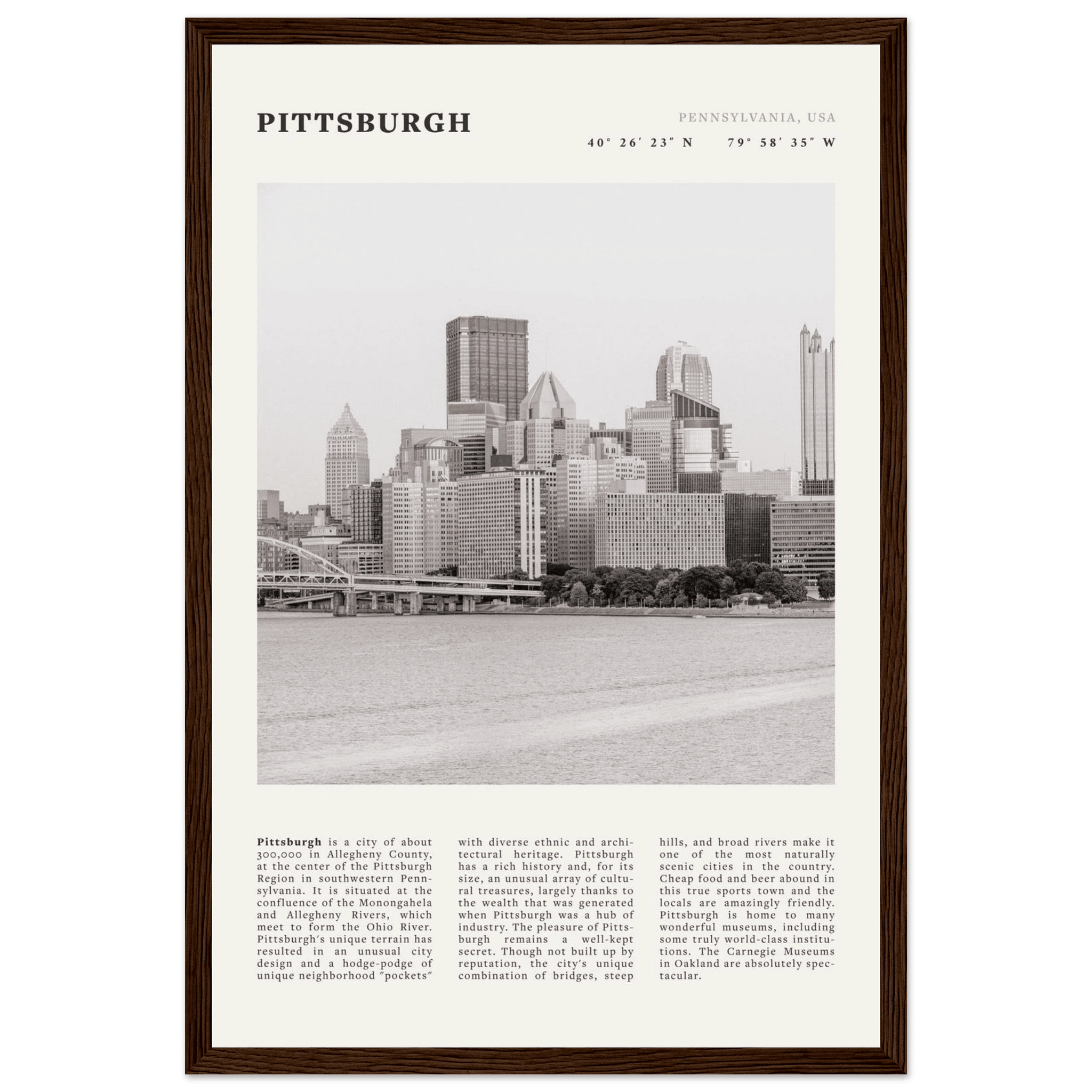 Pittsburgh Poster | Black & White Pennsylvania Skyline Wall Art | PA Travel Print - Evergreen Posters