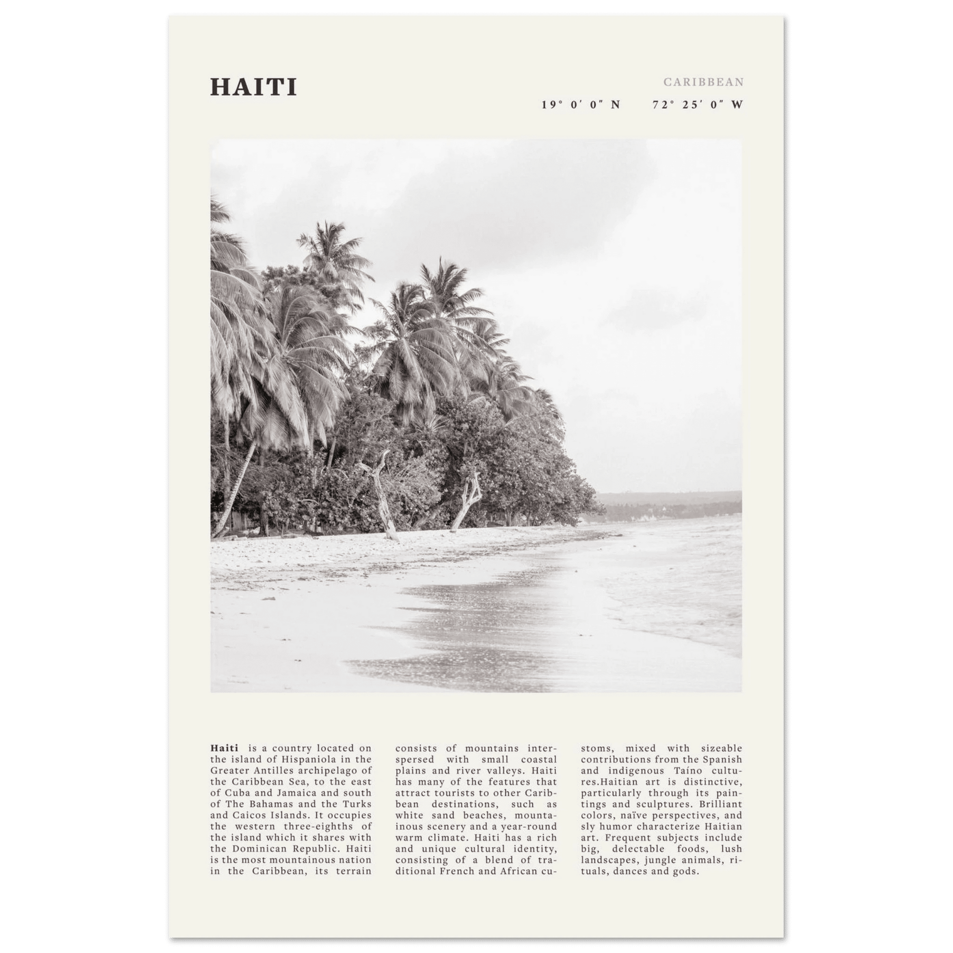 Haiti Poster | Black & White Caribbean Beach Wall Art | Tropical Travel Print - Evergreen Posters