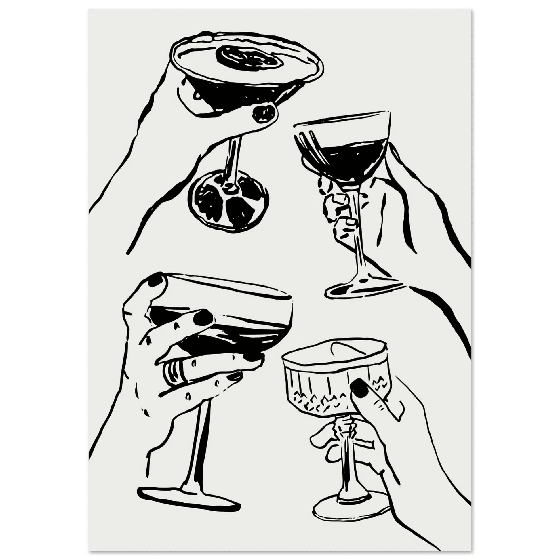 Cheers Print | Black Line Art Cocktail Glasses Wall Art | Kitchen Bar Poster - Evergreen Posters