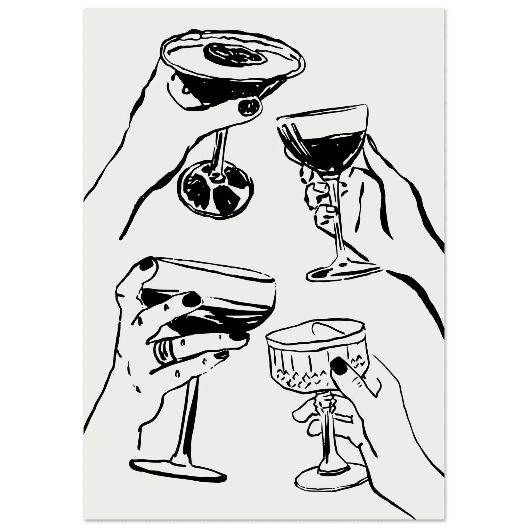 Cheers Print | Black Line Art Cocktail Glasses Wall Art | Kitchen Bar Poster - Evergreen Posters