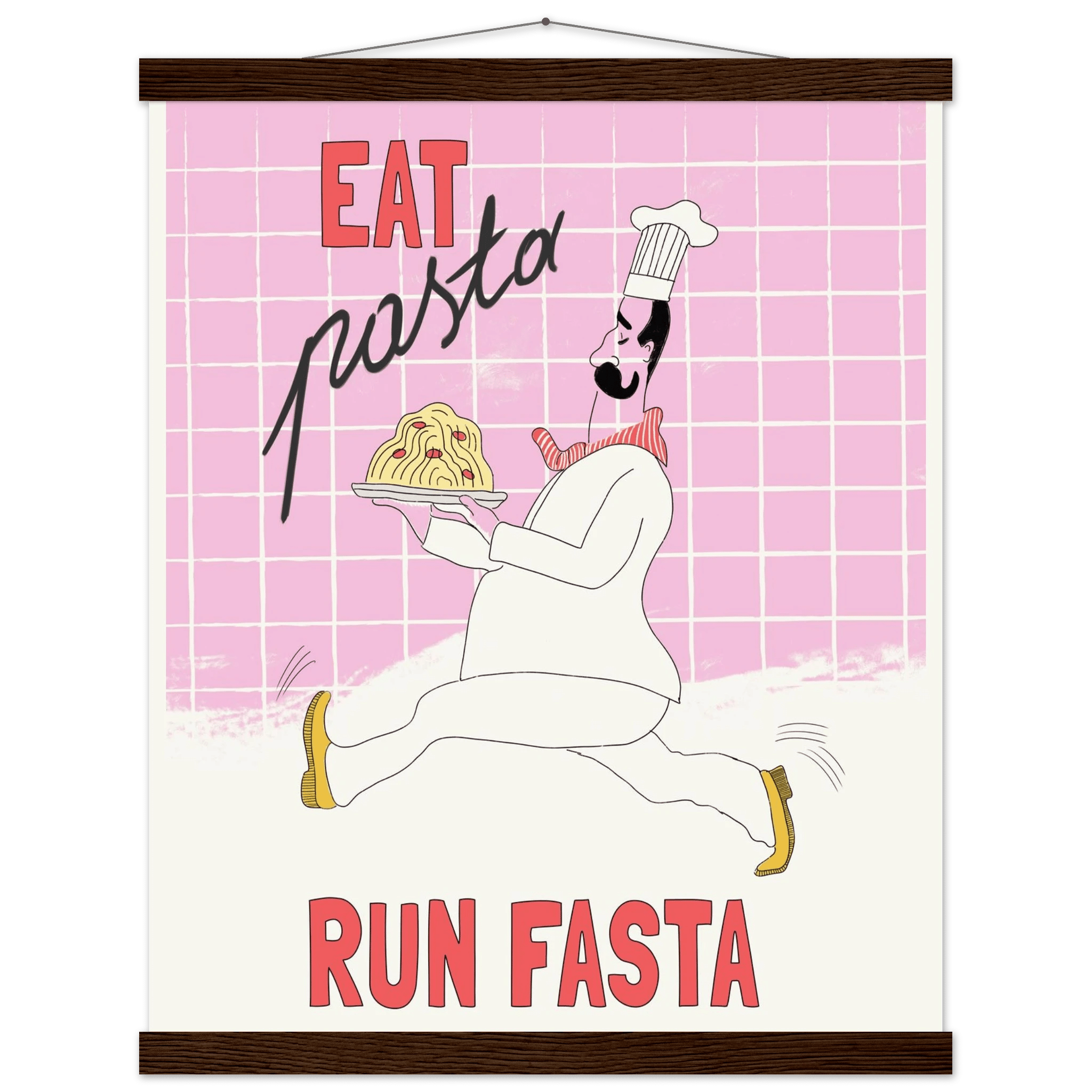 Eat Pasta Run Fasta Poster – Playful Kitchen Wall Art Print (Light Pink) - Evergreen Posters