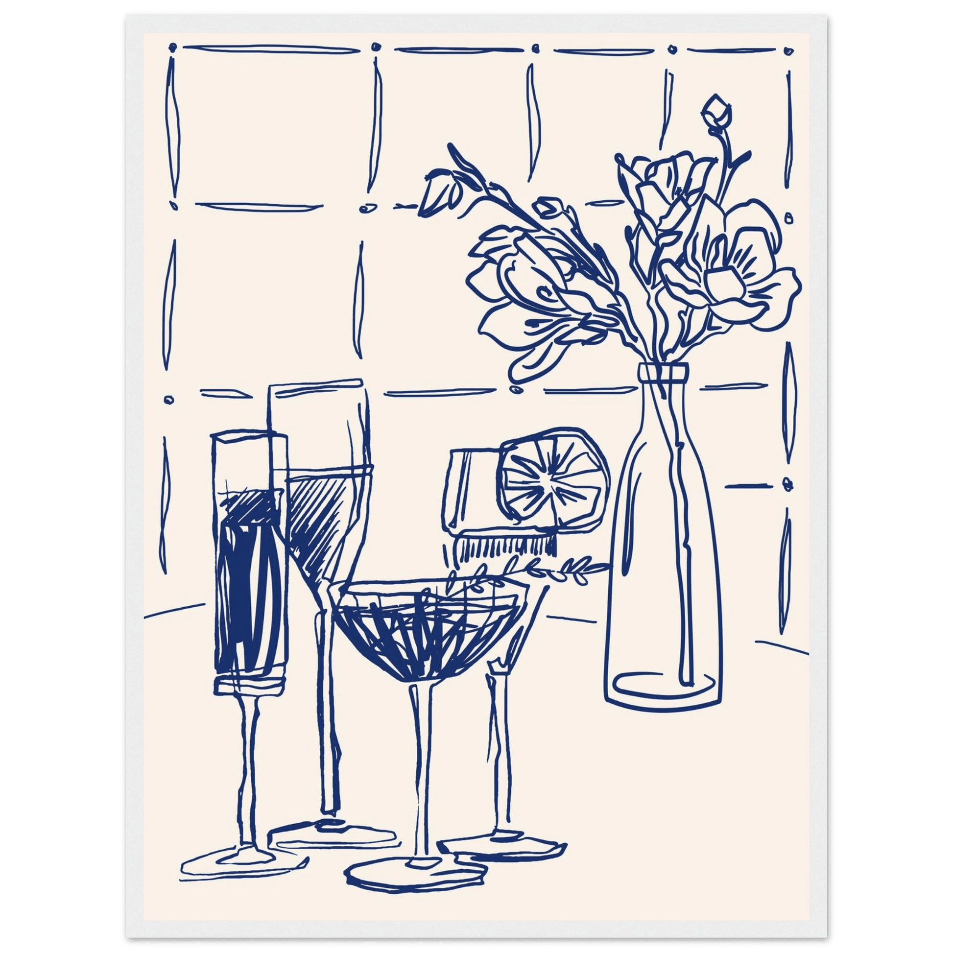 Cocktails & Flowers Print | Navy Blue Line Art Drinks Wall Art | Kitchen Bar Poster - Evergreen Posters
