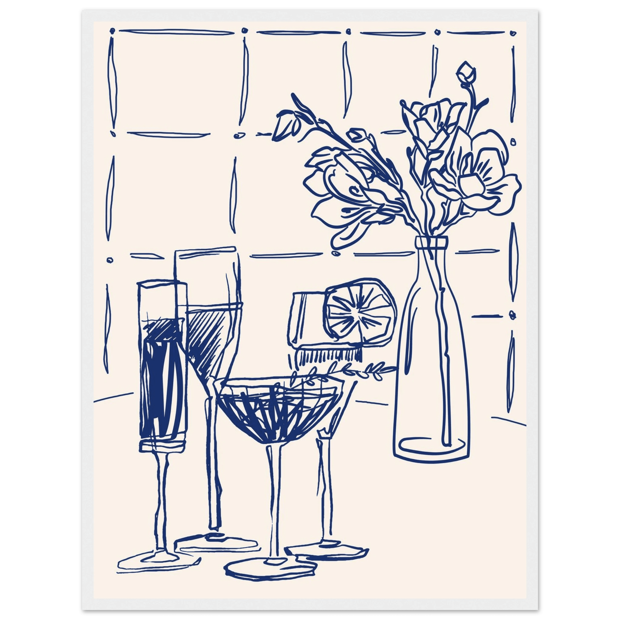 Cocktails & Flowers Print | Navy Blue Line Art Drinks Wall Art | Kitchen Bar Poster - Evergreen Posters