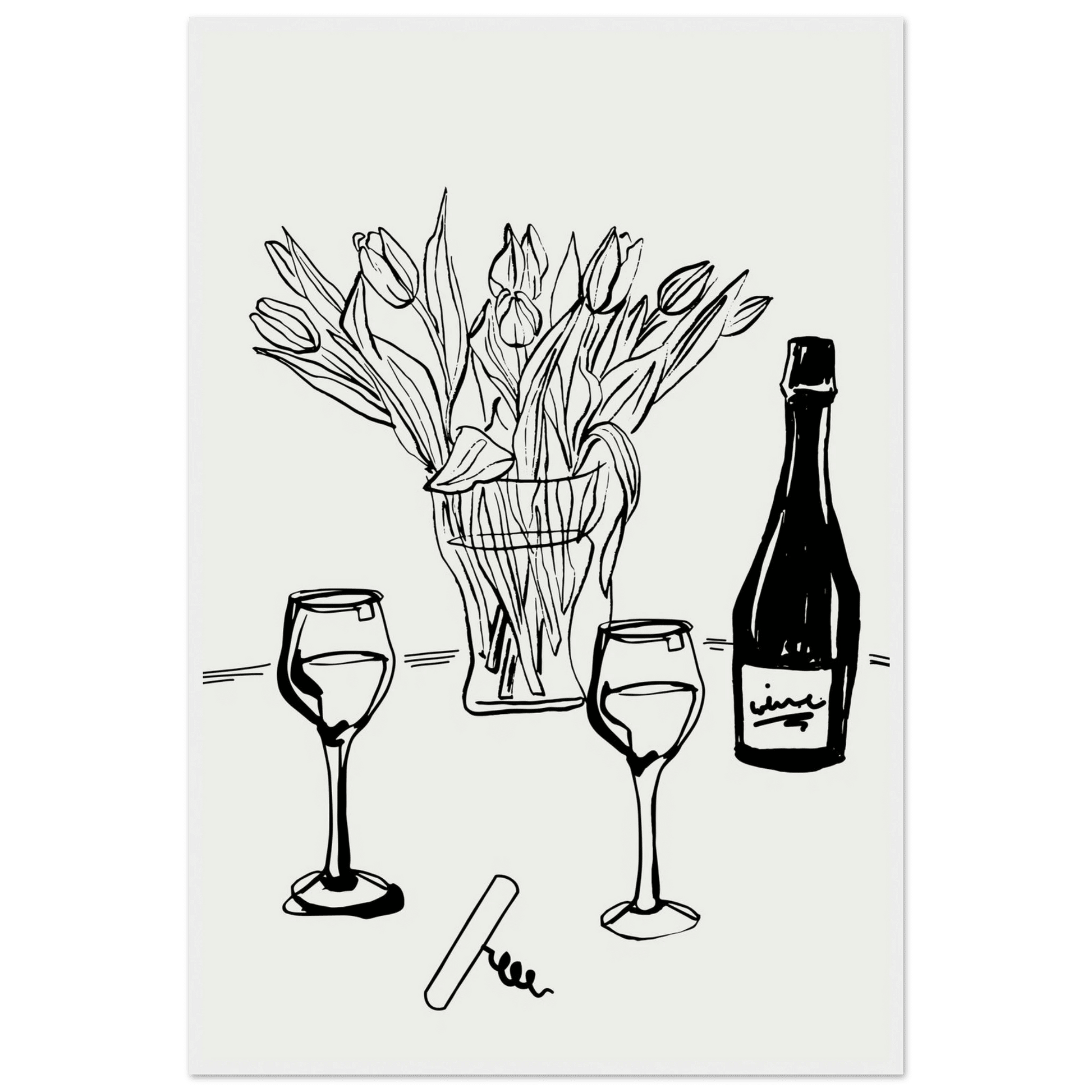 Wine & Tulips Print | Black Line Art Wine Bottle Wall Art | Minimalist Kitchen Poster - Evergreen Posters