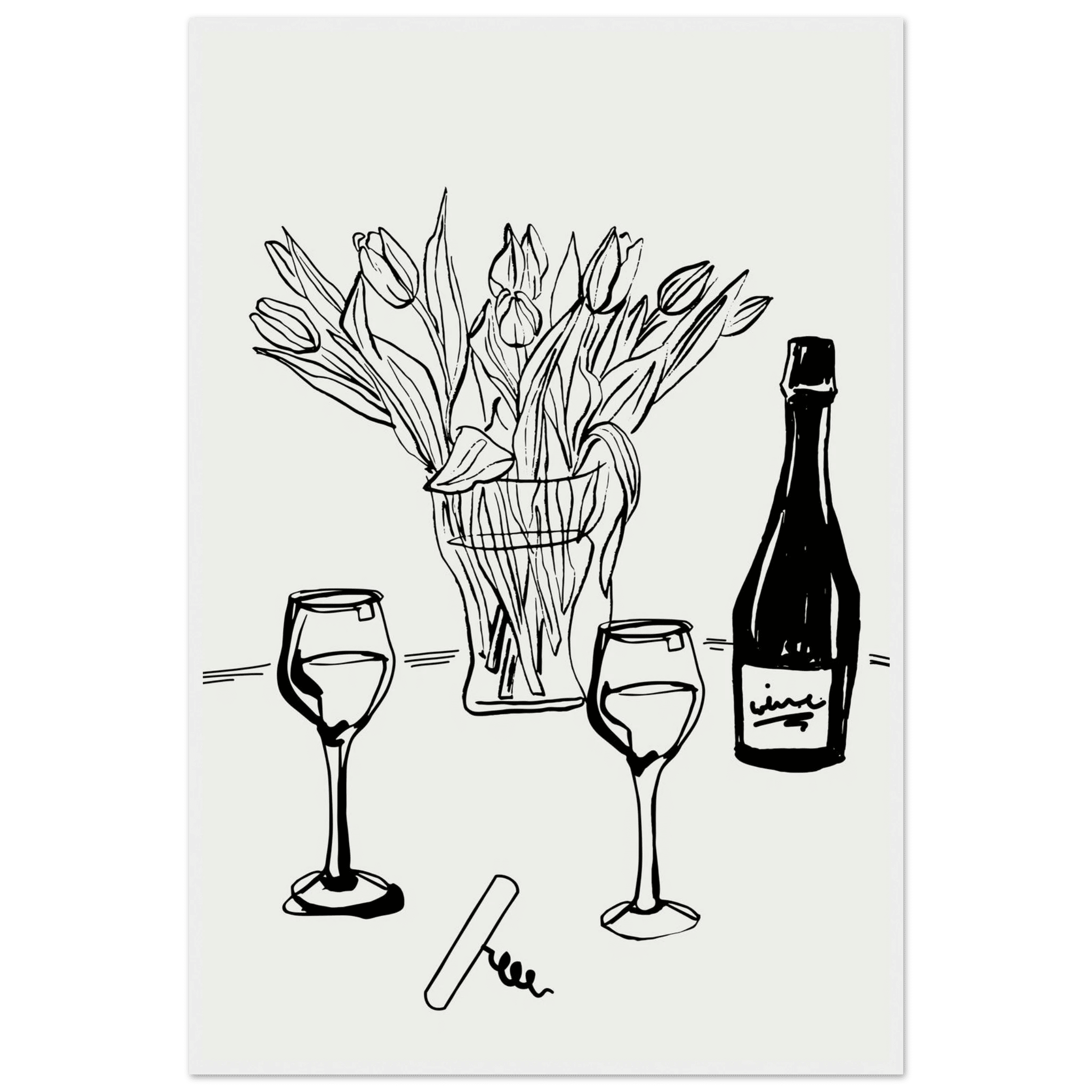 Wine & Tulips Print | Black Line Art Wine Bottle Wall Art | Minimalist Kitchen Poster - Evergreen Posters