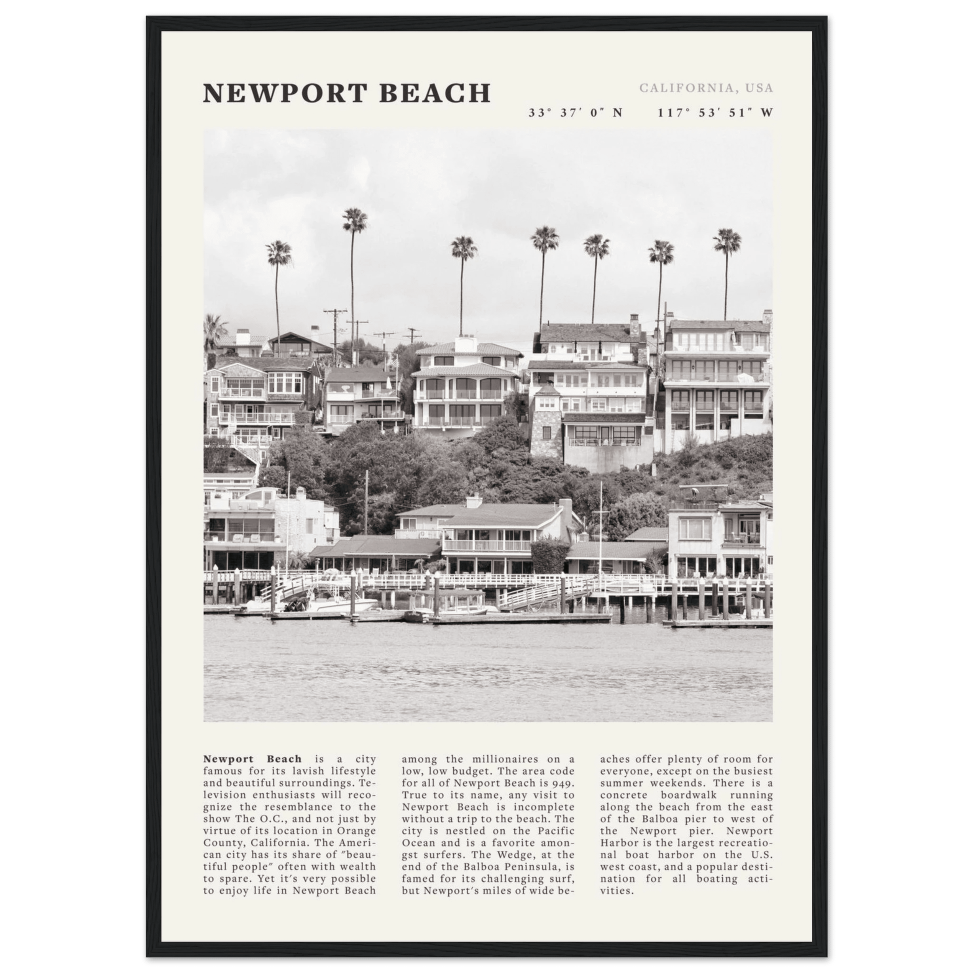 Newport Beach Poster | Black & White California Harbor Wall Art | Coastal Print - Evergreen Posters
