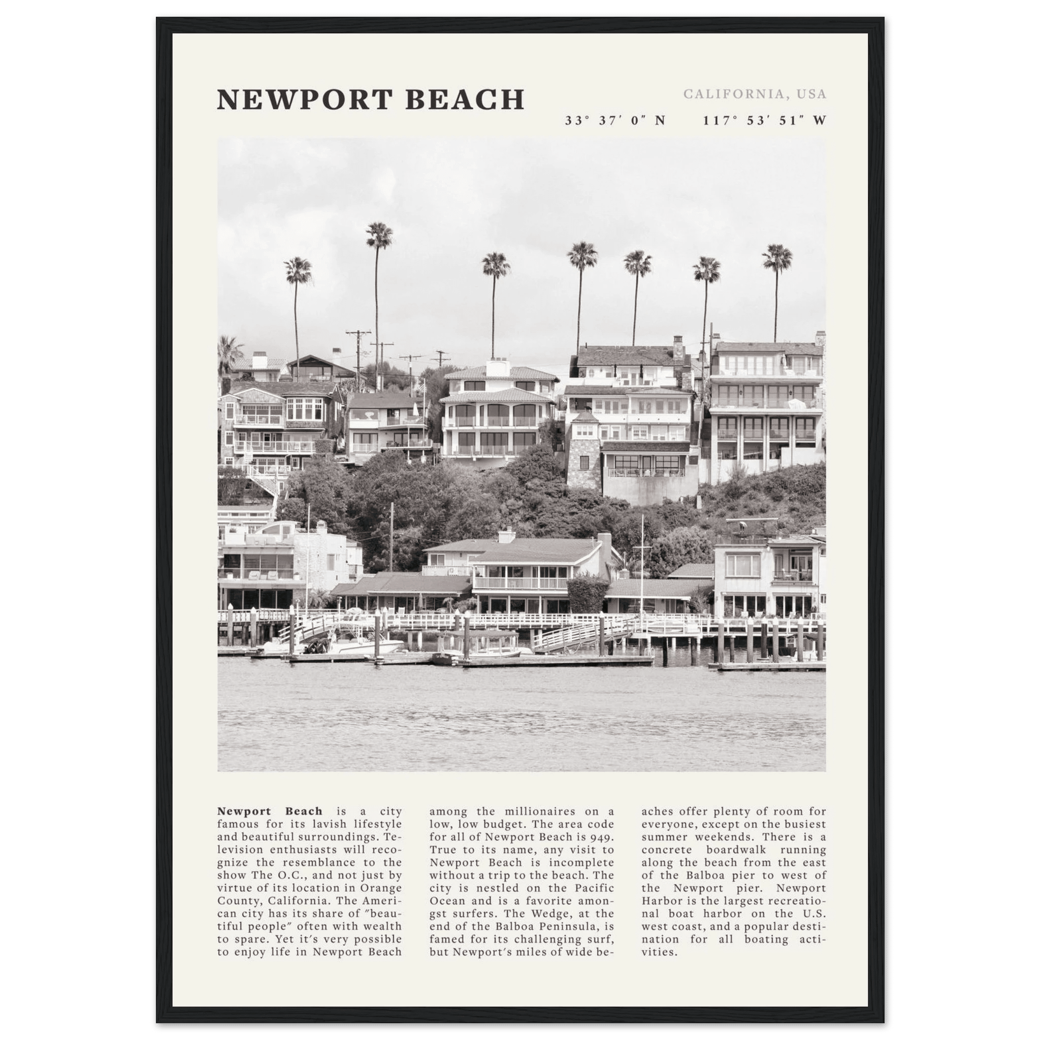 Newport Beach Poster | Black & White California Harbor Wall Art | Coastal Print - Evergreen Posters