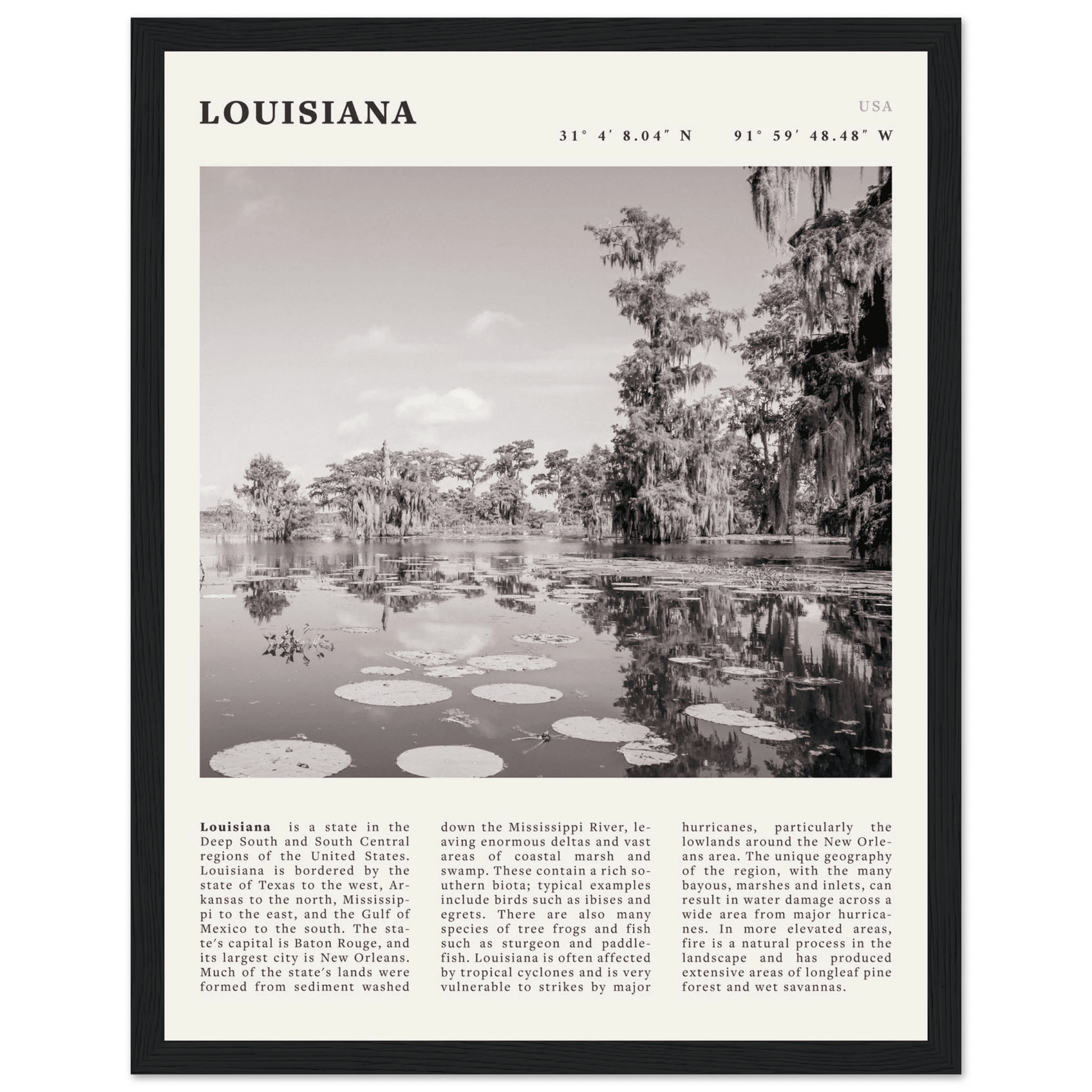 Louisiana Poster | Black & White Bayou Wall Art | Southern USA Travel Print Decor - Evergreen Posters