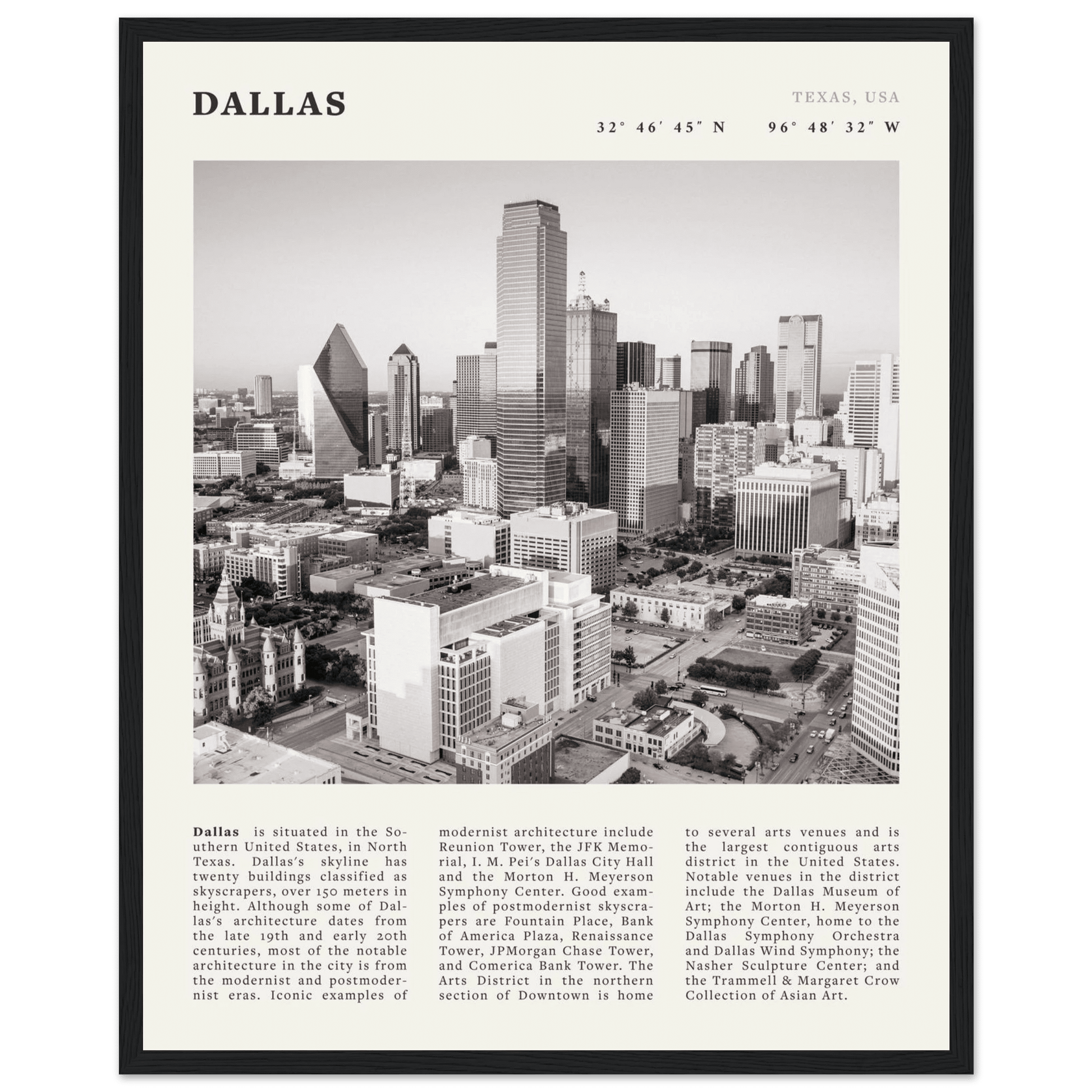 Dallas Poster | Black & White Texas Skyline Wall Art | City Travel Print Decor - Evergreen Posters