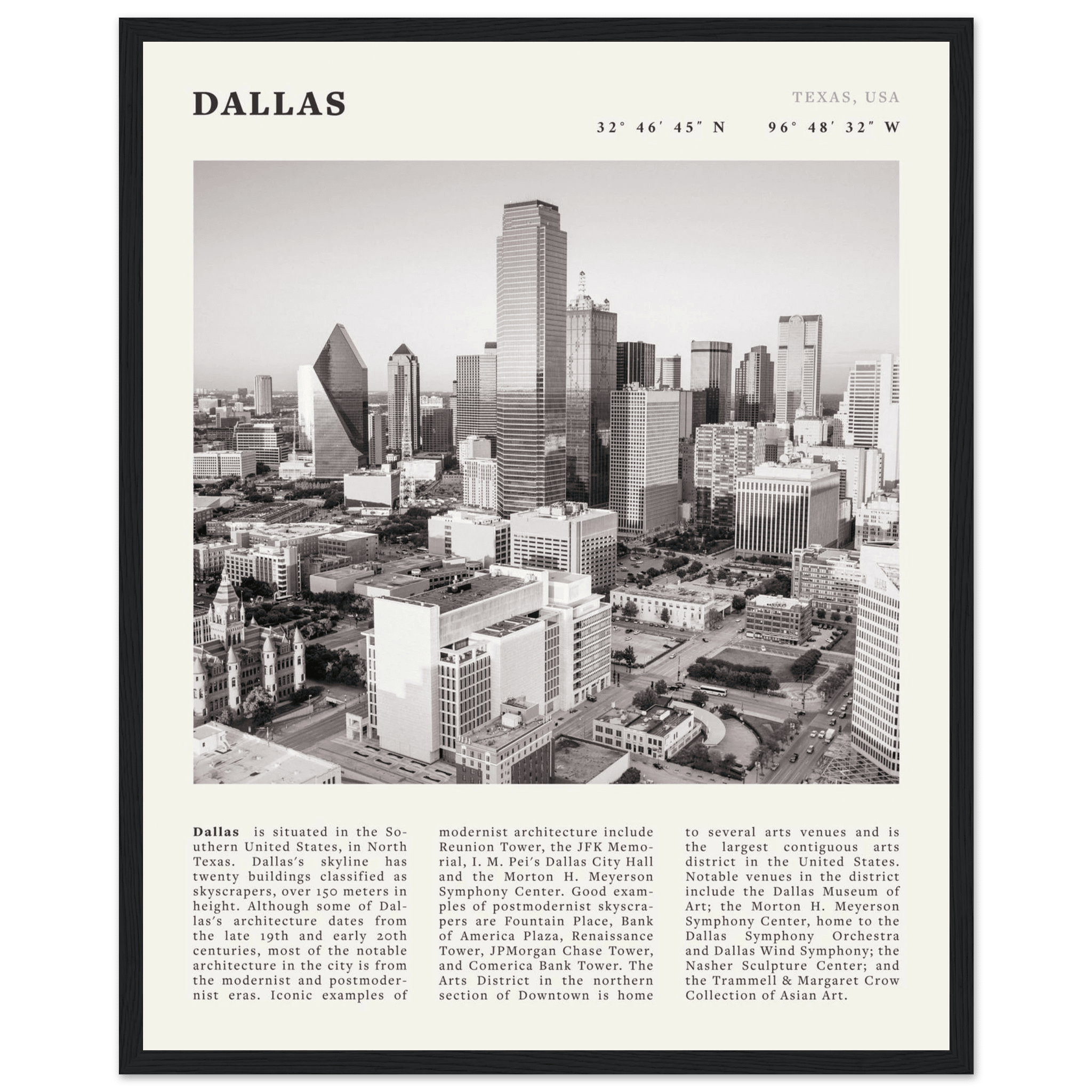 Dallas Poster | Black & White Texas Skyline Wall Art | City Travel Print Decor - Evergreen Posters