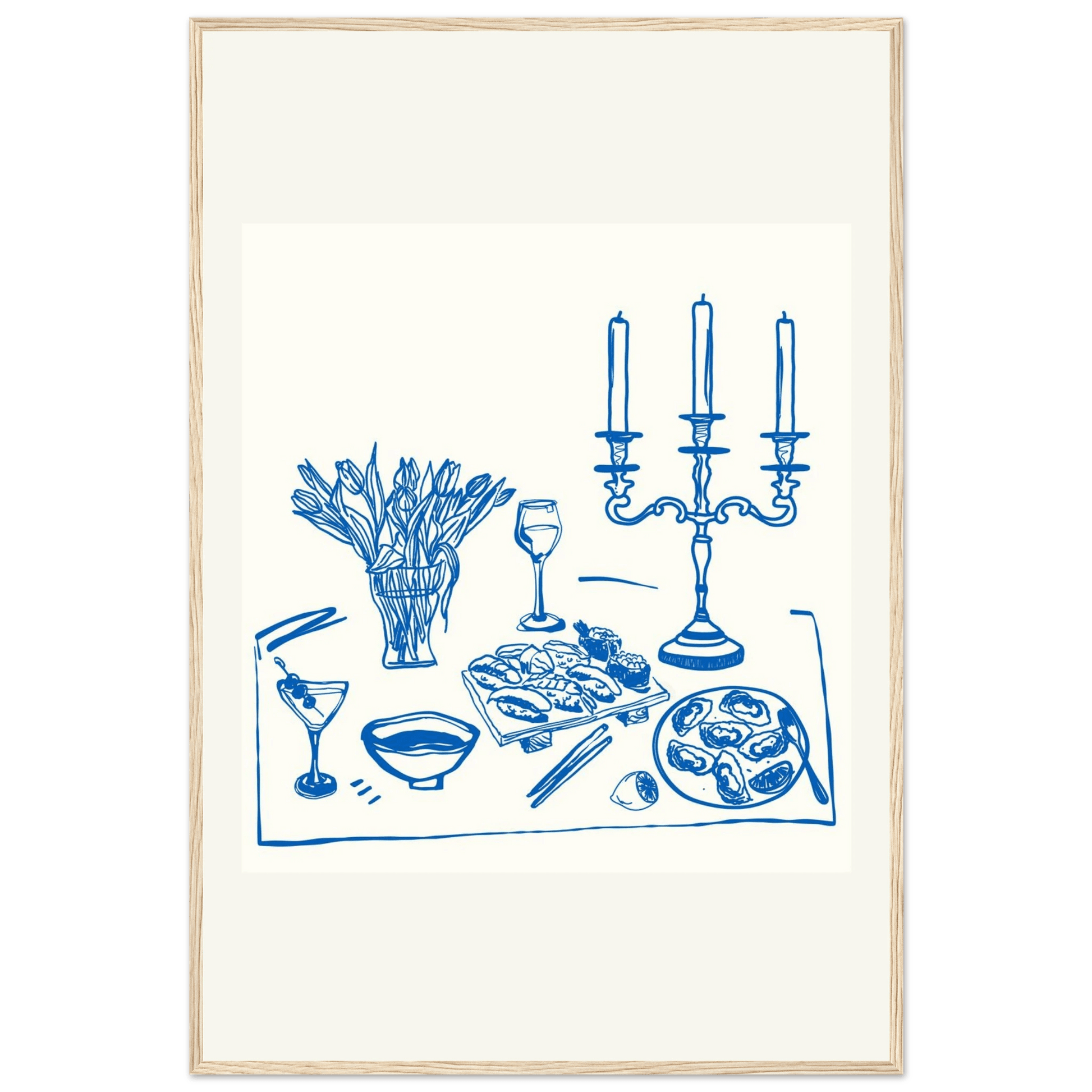 Fine Dining Table Print | Blue Line Art Kitchen Wall Art | Elegant Dining Room Poster - Evergreen Posters