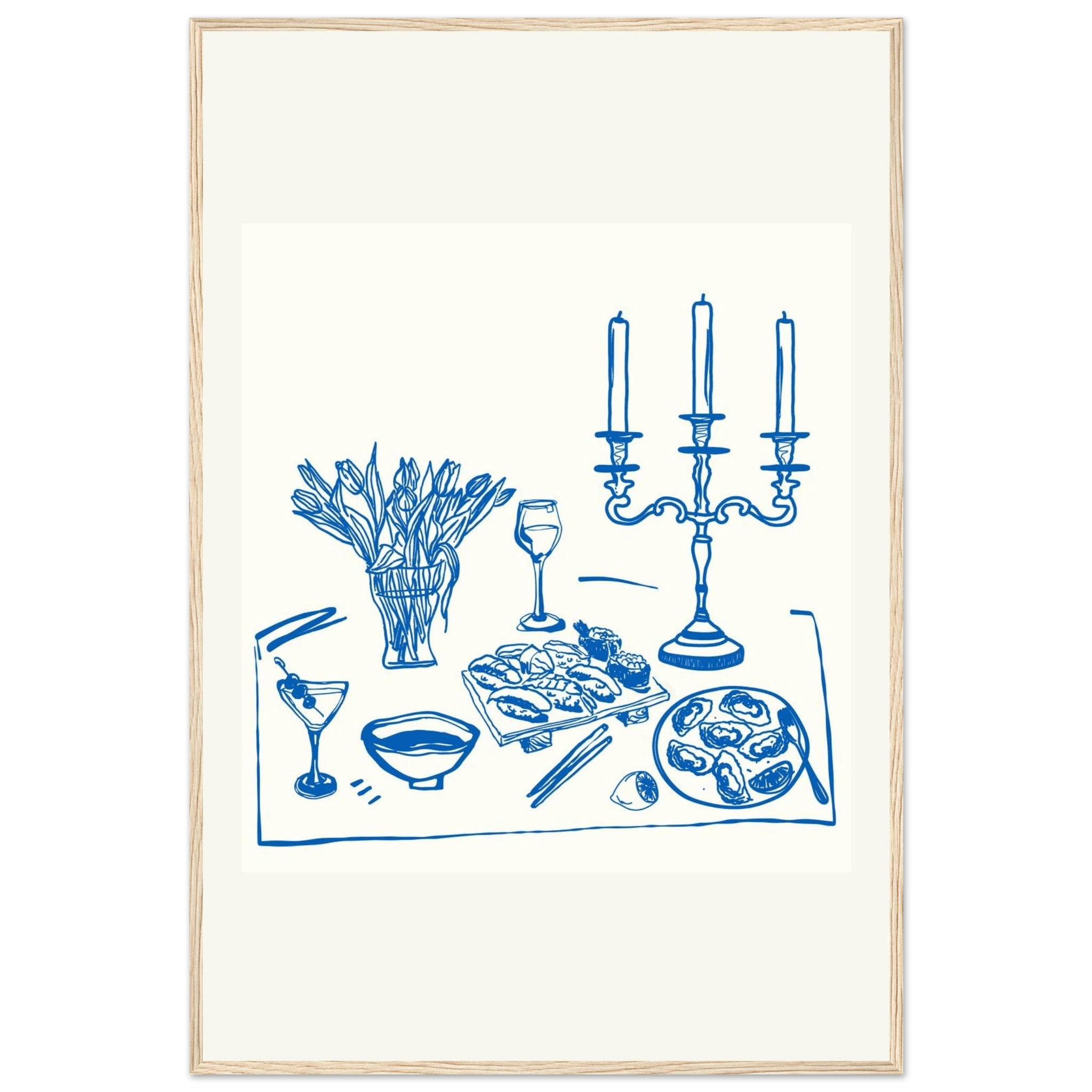 Fine Dining Table Print | Blue Line Art Kitchen Wall Art | Elegant Dining Room Poster - Evergreen Posters