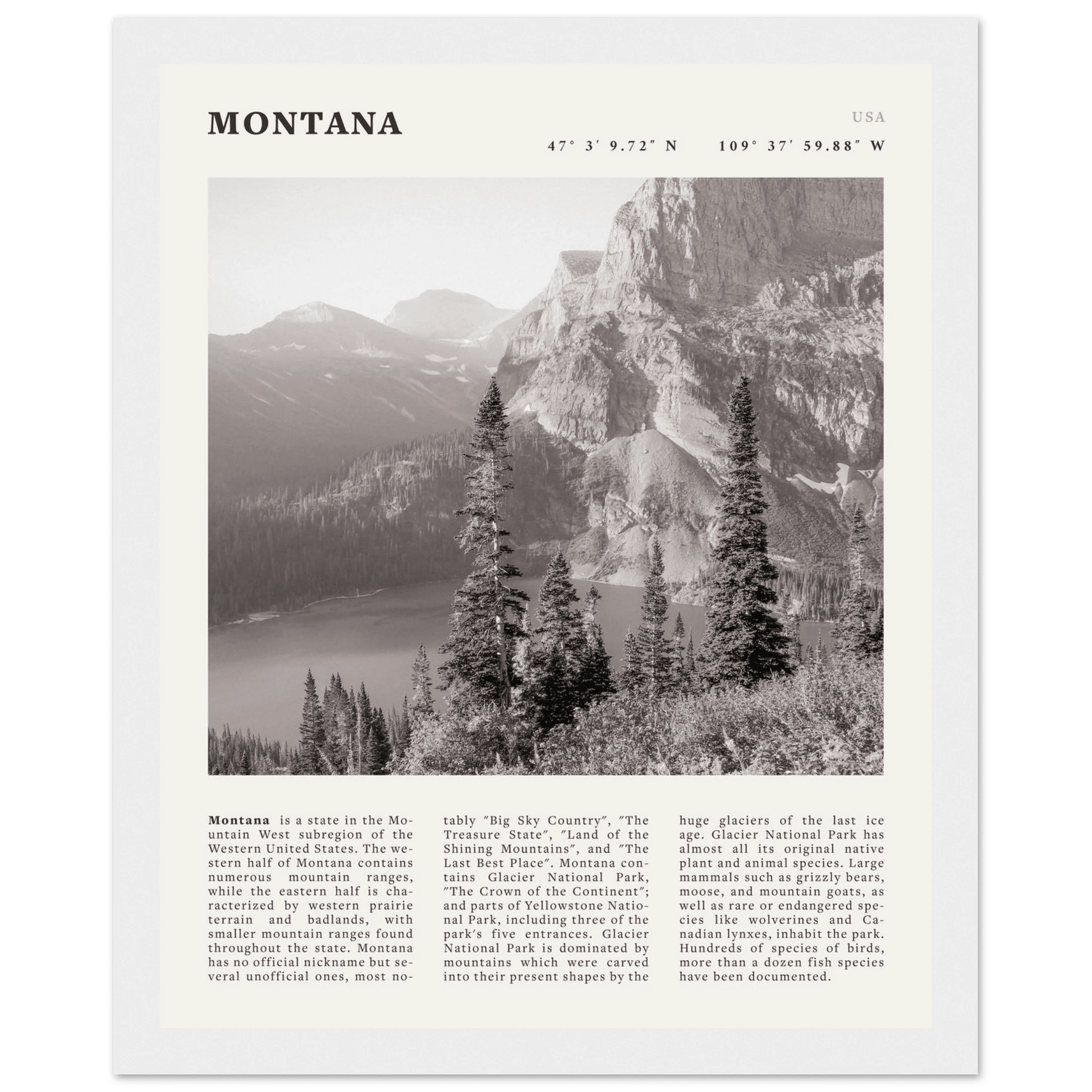 Montana Poster | Black & White Glacier National Park Wall Art | Nature Travel Print - Evergreen Posters