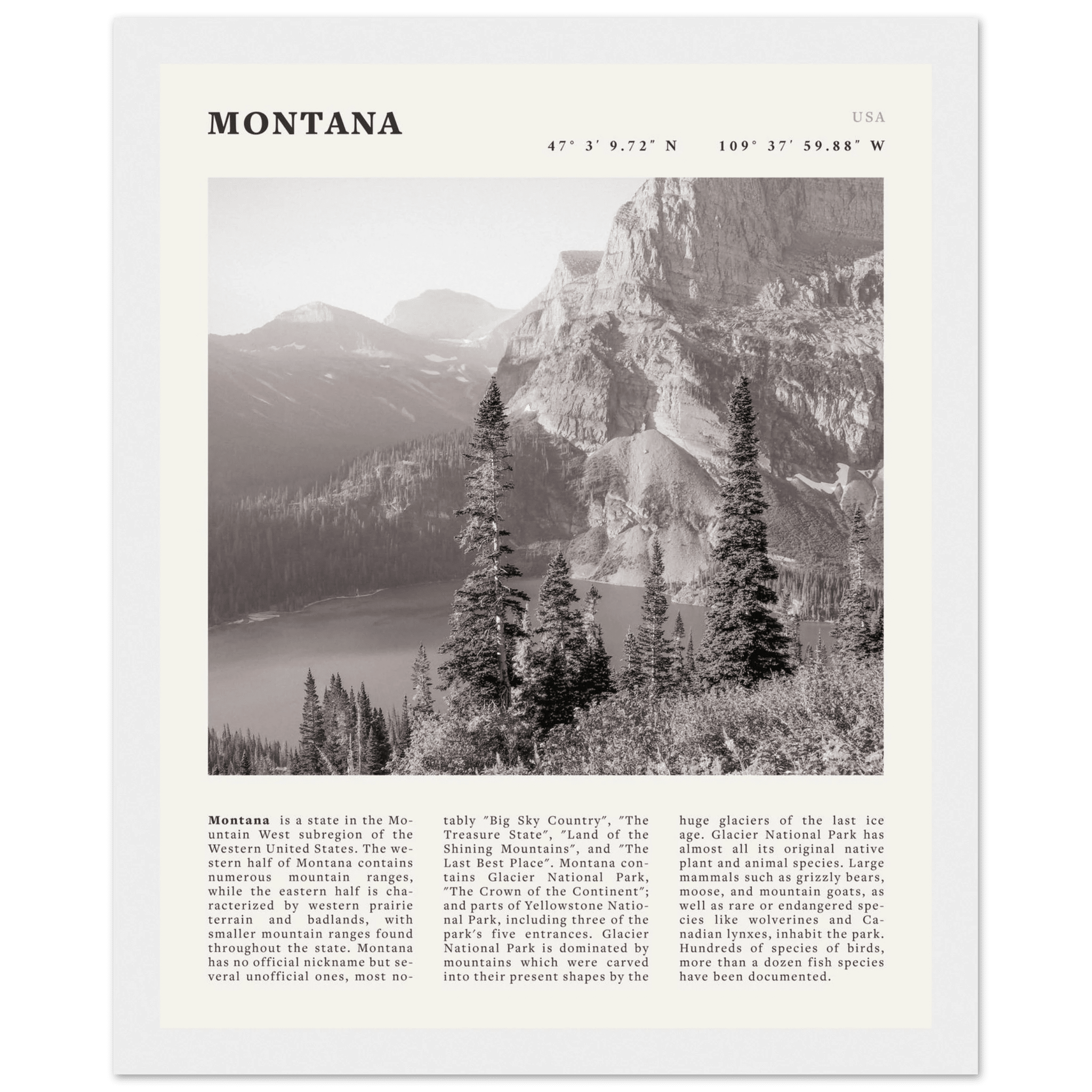 Montana Poster | Black & White Glacier National Park Wall Art | Nature Travel Print - Evergreen Posters