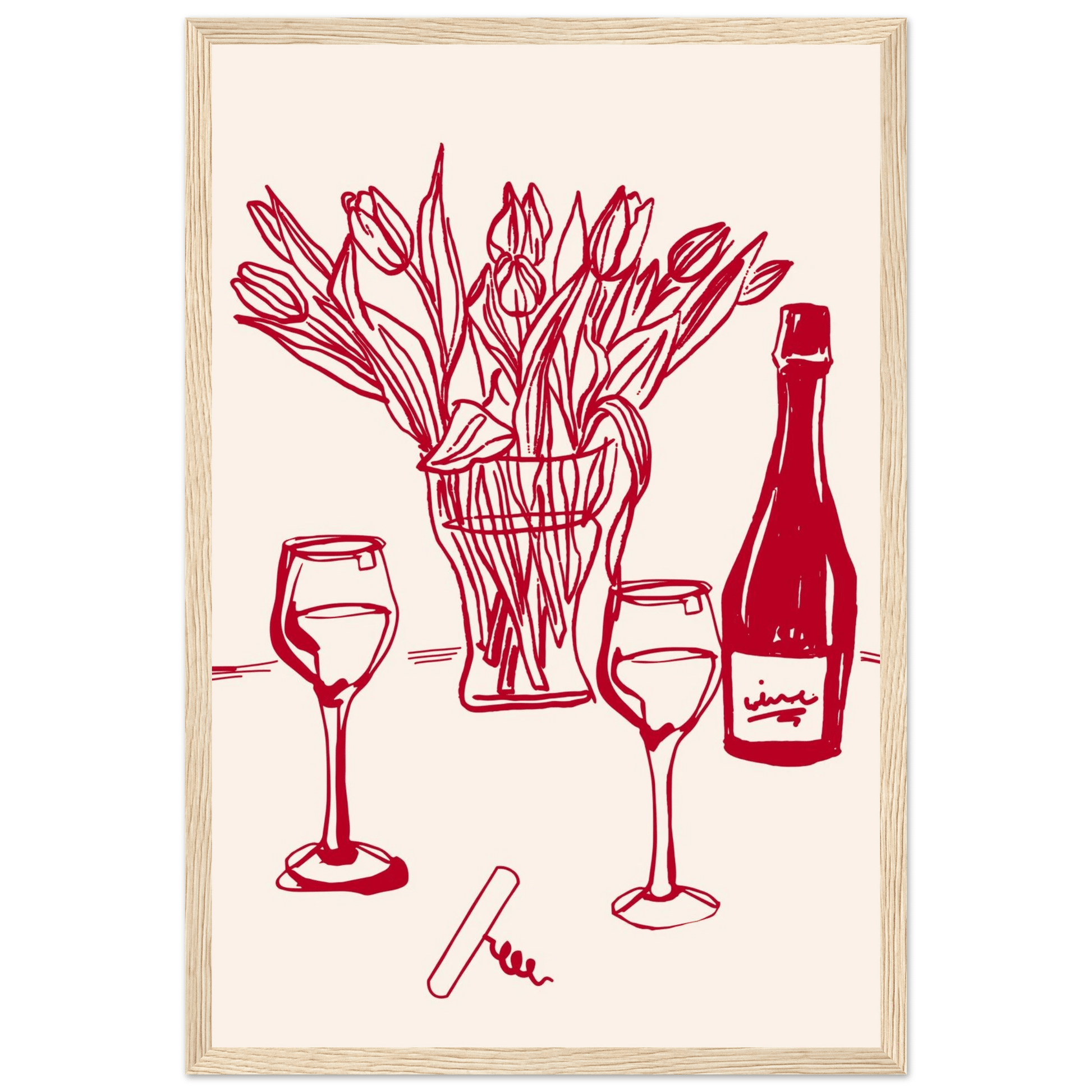 Red Wine & Tulips Print | Line Art Wine Bottle Wall Art | Kitchen Poster - Evergreen Posters