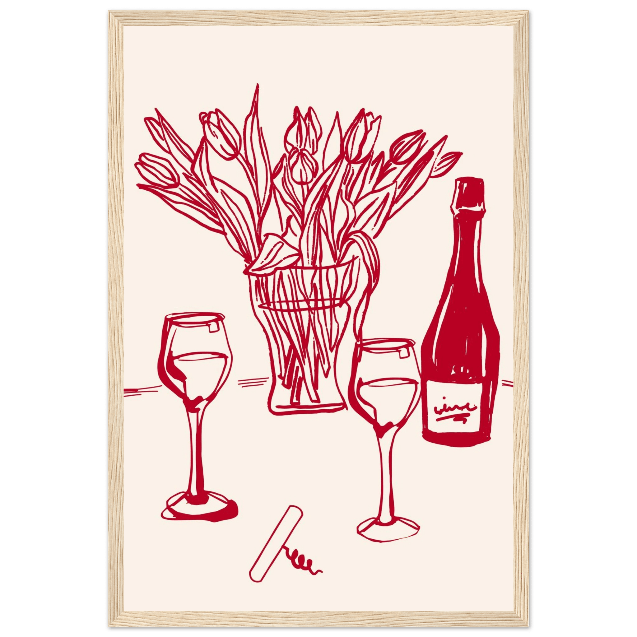 Red Wine & Tulips Print | Line Art Wine Bottle Wall Art | Kitchen Poster - Evergreen Posters