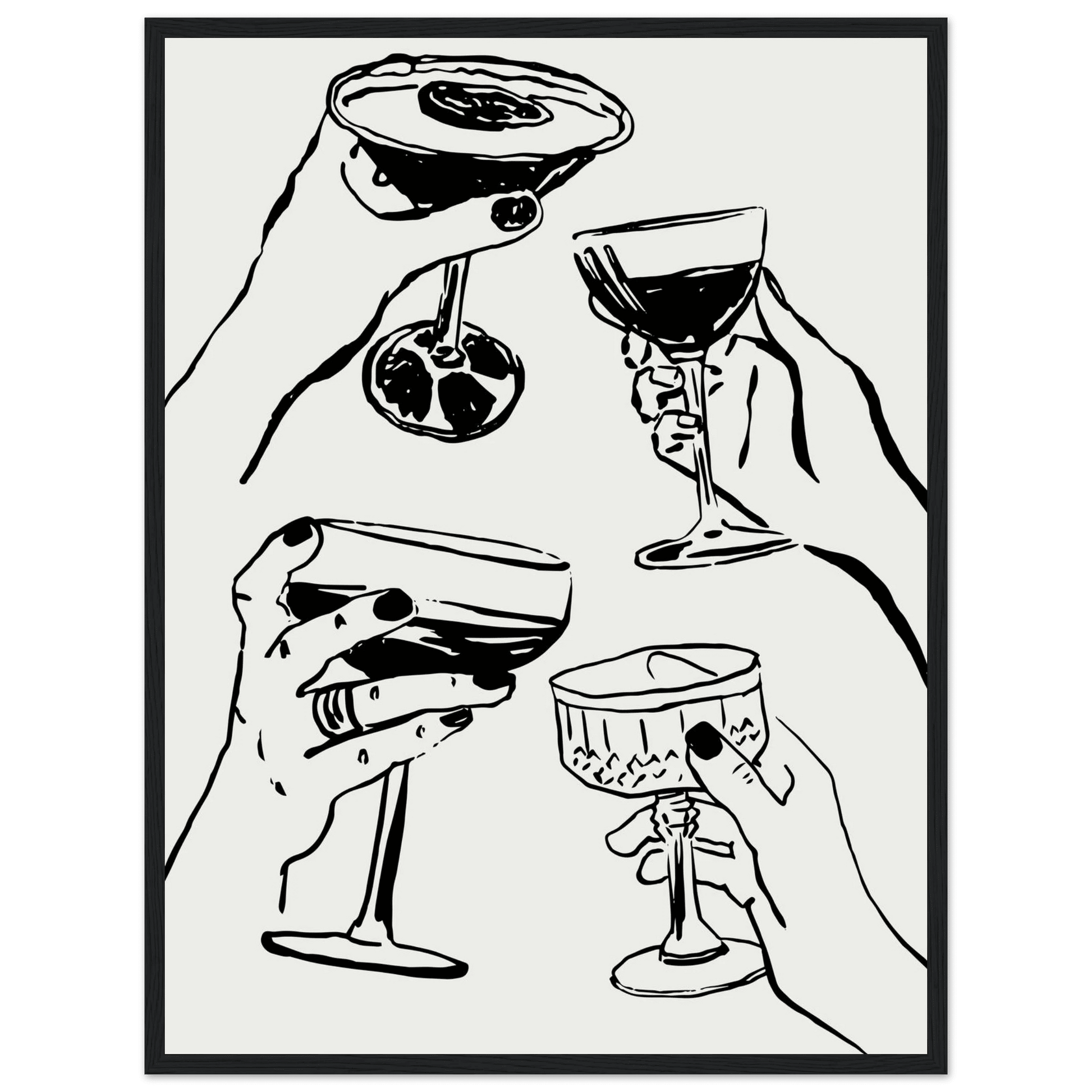 Cheers Print | Black Line Art Cocktail Glasses Wall Art | Kitchen Bar Poster - Evergreen Posters