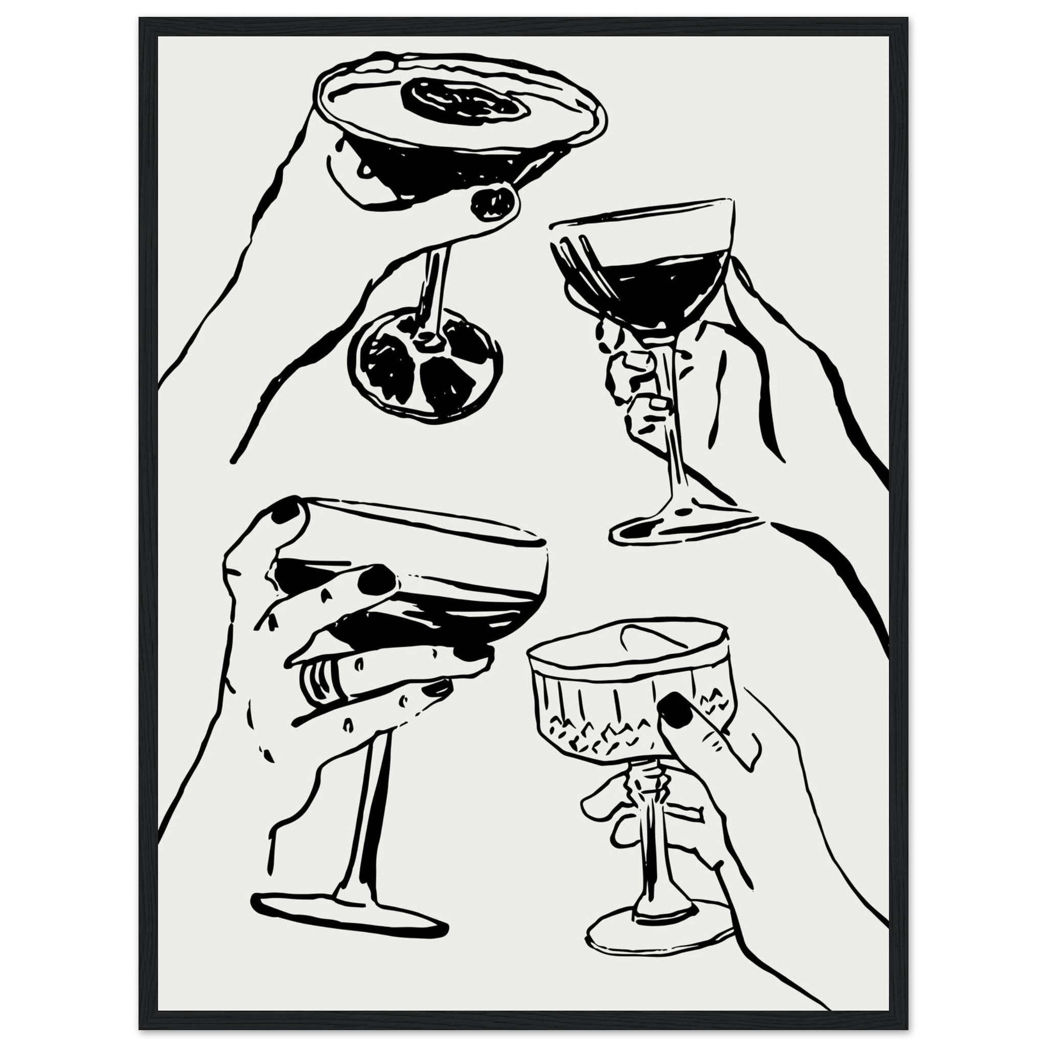 Cheers Print | Black Line Art Cocktail Glasses Wall Art | Kitchen Bar Poster - Evergreen Posters