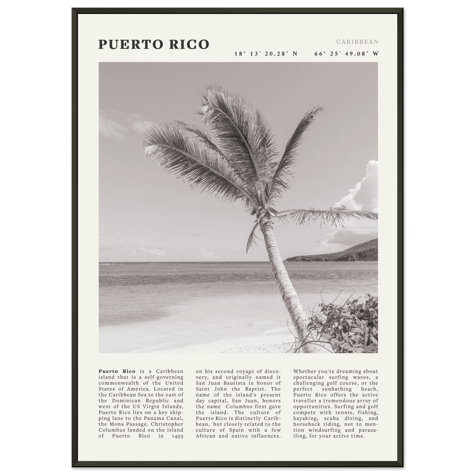 Puerto Rico Poster Black and White – Vintage Caribbean Palm Beach Print (Digital & Printed Options) - Evergreen Posters