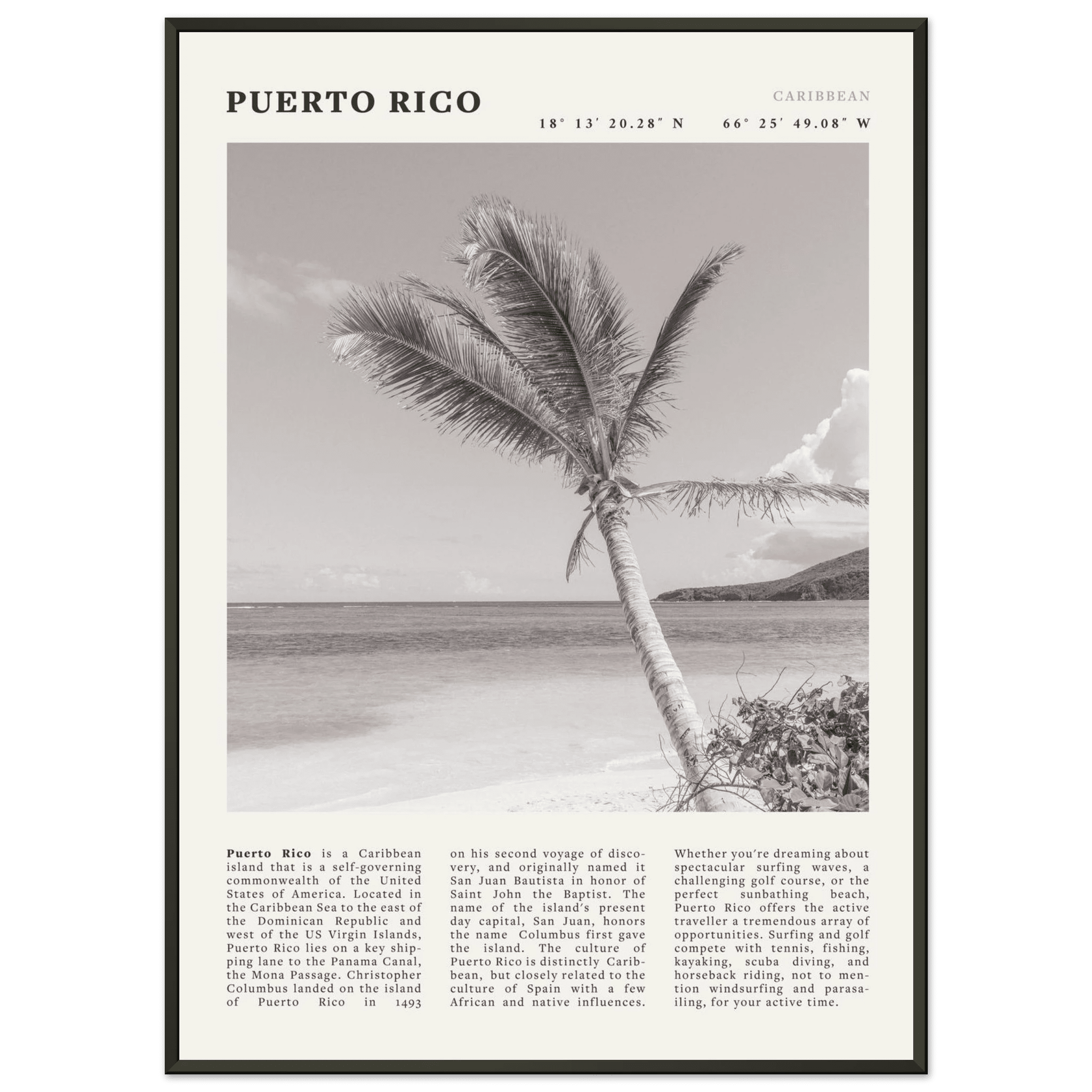 Puerto Rico Poster Black and White – Vintage Caribbean Palm Beach Print (Digital & Printed Options) - Evergreen Posters