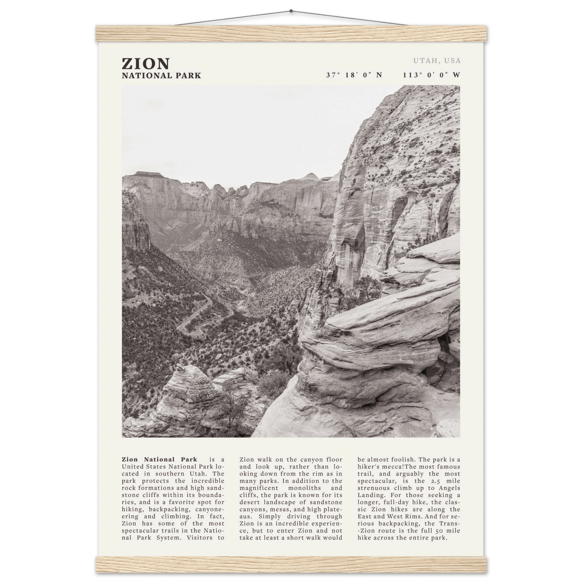 Zion National Park Poster | Black & White Utah Canyon Wall Art | USA Travel Print - Evergreen Posters