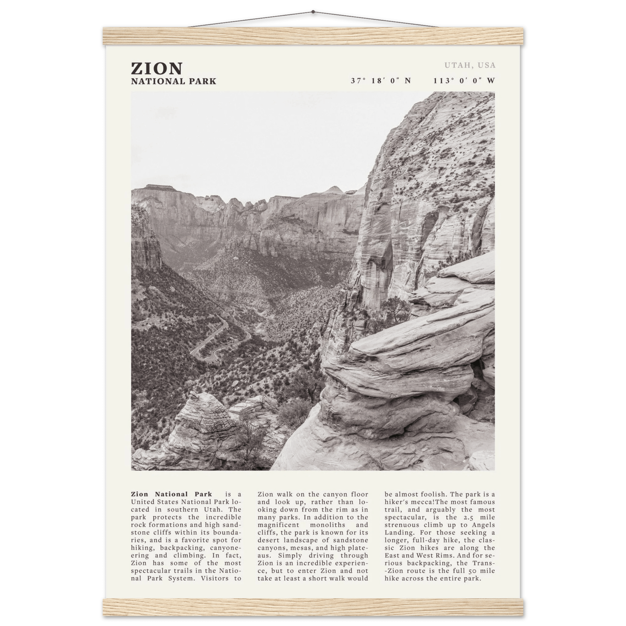 Zion National Park Poster | Black & White Utah Canyon Wall Art | USA Travel Print - Evergreen Posters