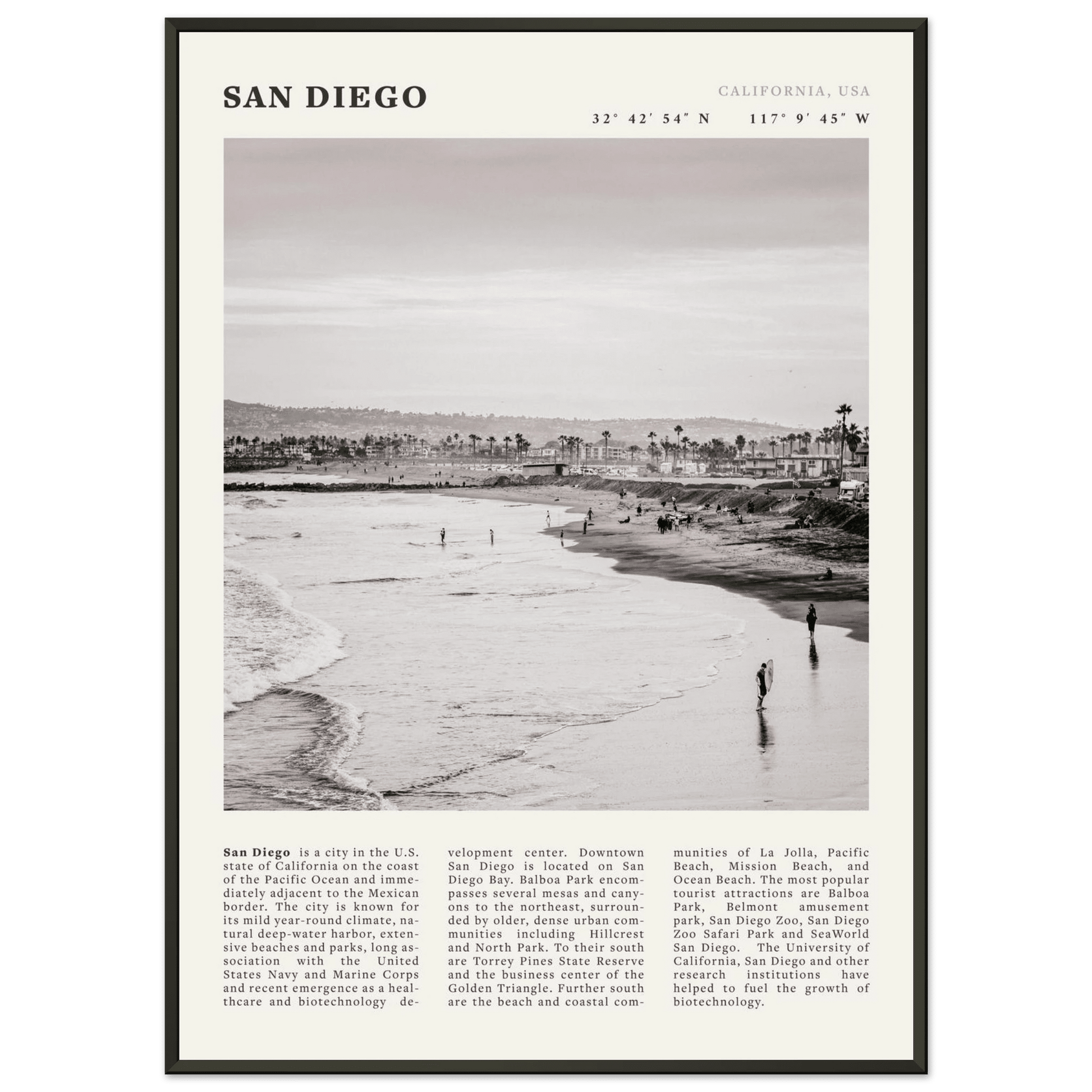 San Diego Poster | Black & White California Beach Wall Art | Coastal Travel Print Decor - Evergreen Posters