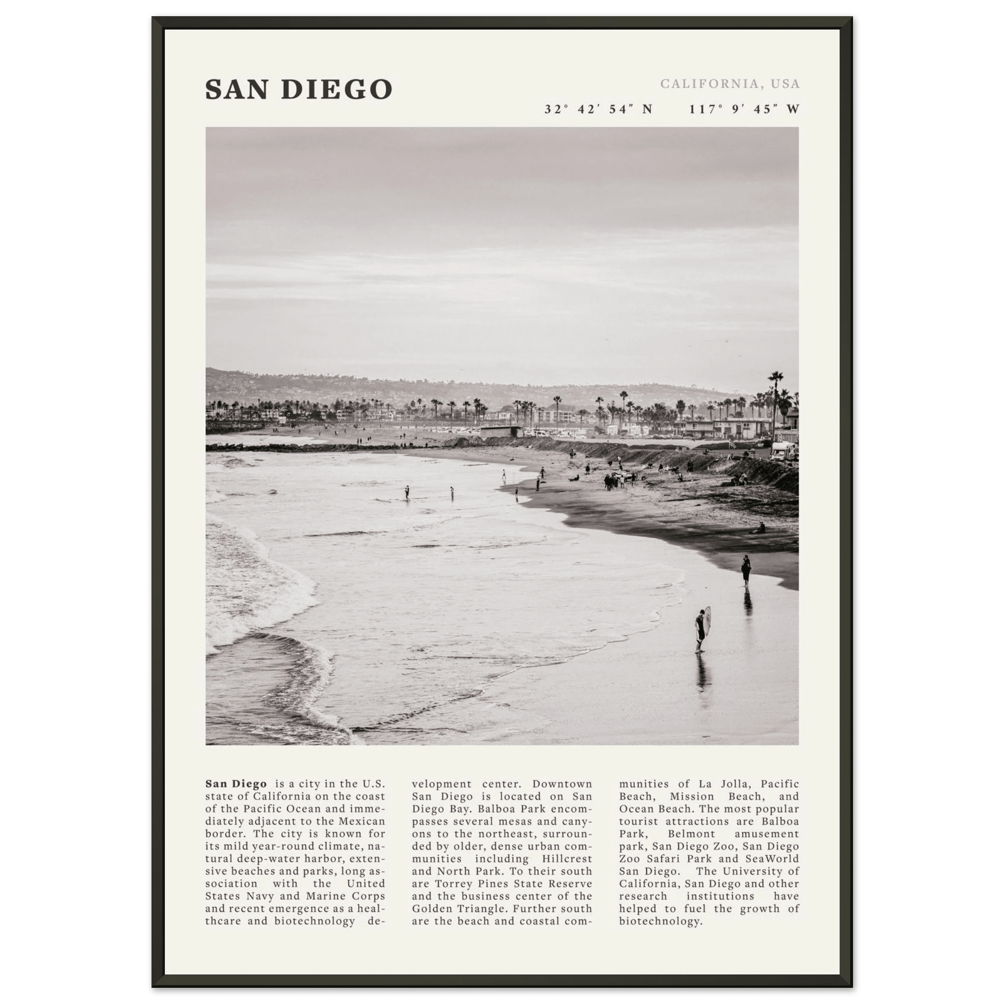 San Diego Poster | Black & White California Beach Wall Art | Coastal Travel Print Decor - Evergreen Posters