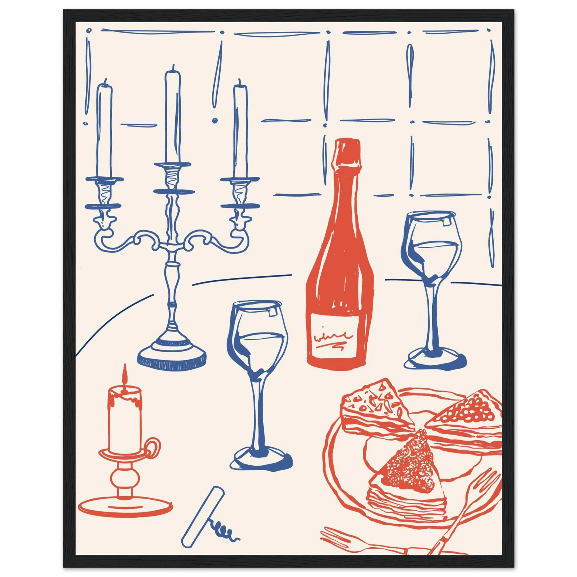 Candlelight Dinner Print | Wine & Candelabra Line Art Wall Art | Kitchen Poster - Evergreen Posters