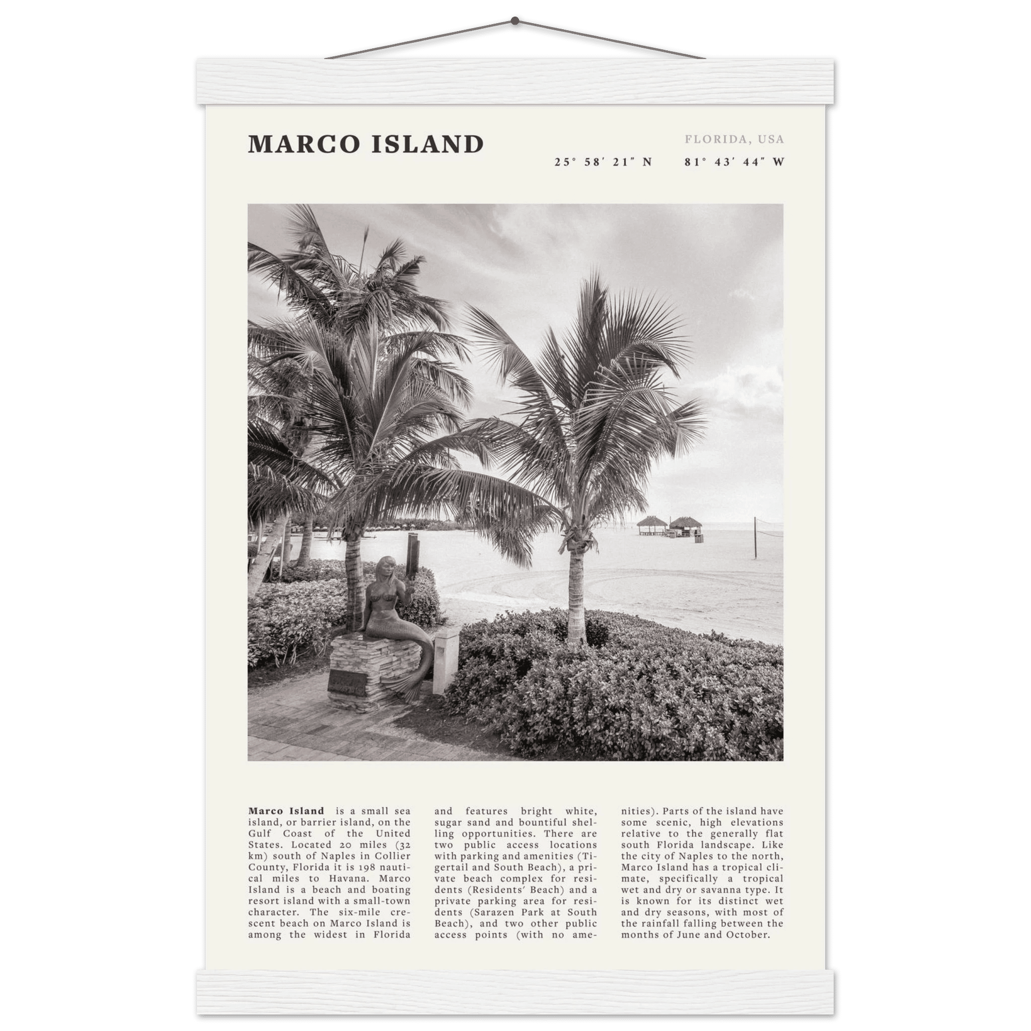 Marco Island Poster | Black & White Florida Beach Wall Art | Coastal Travel Print - Evergreen Posters