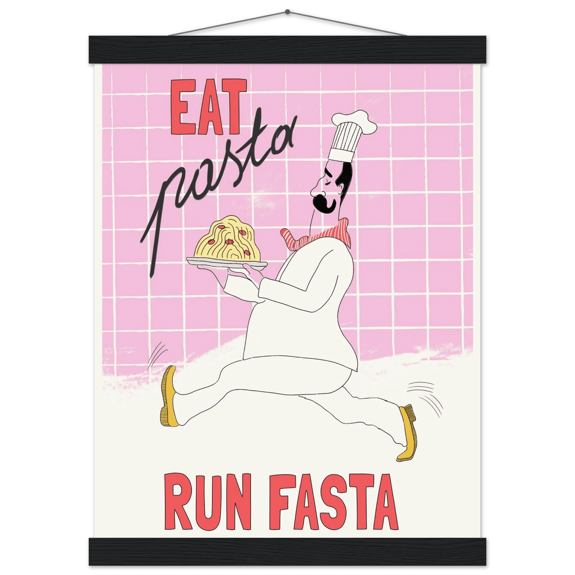 Eat Pasta Run Fasta Poster – Playful Kitchen Wall Art Print (Light Pink) - Evergreen Posters