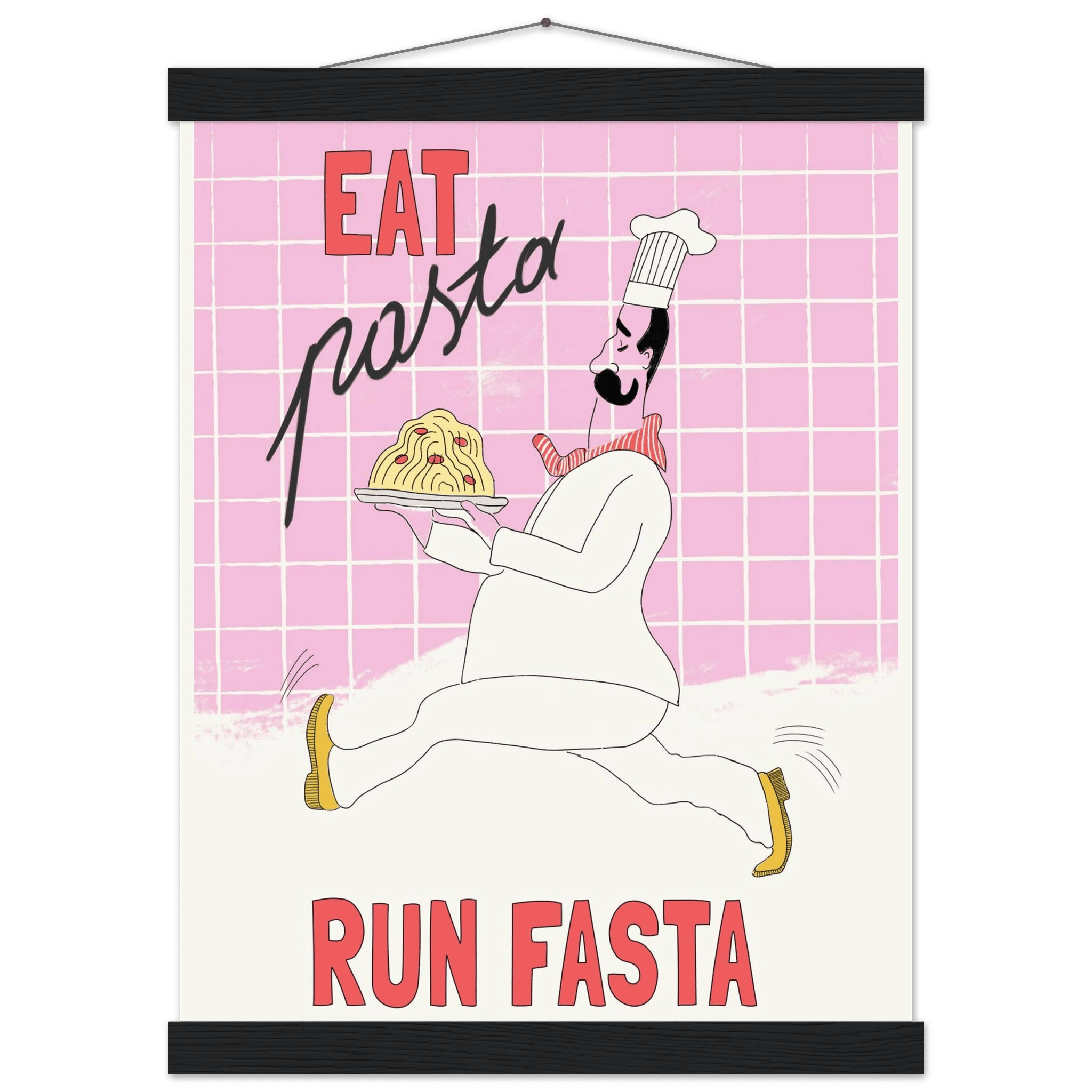 Eat Pasta Run Fasta Poster – Playful Kitchen Wall Art Print (Light Pink) - Evergreen Posters