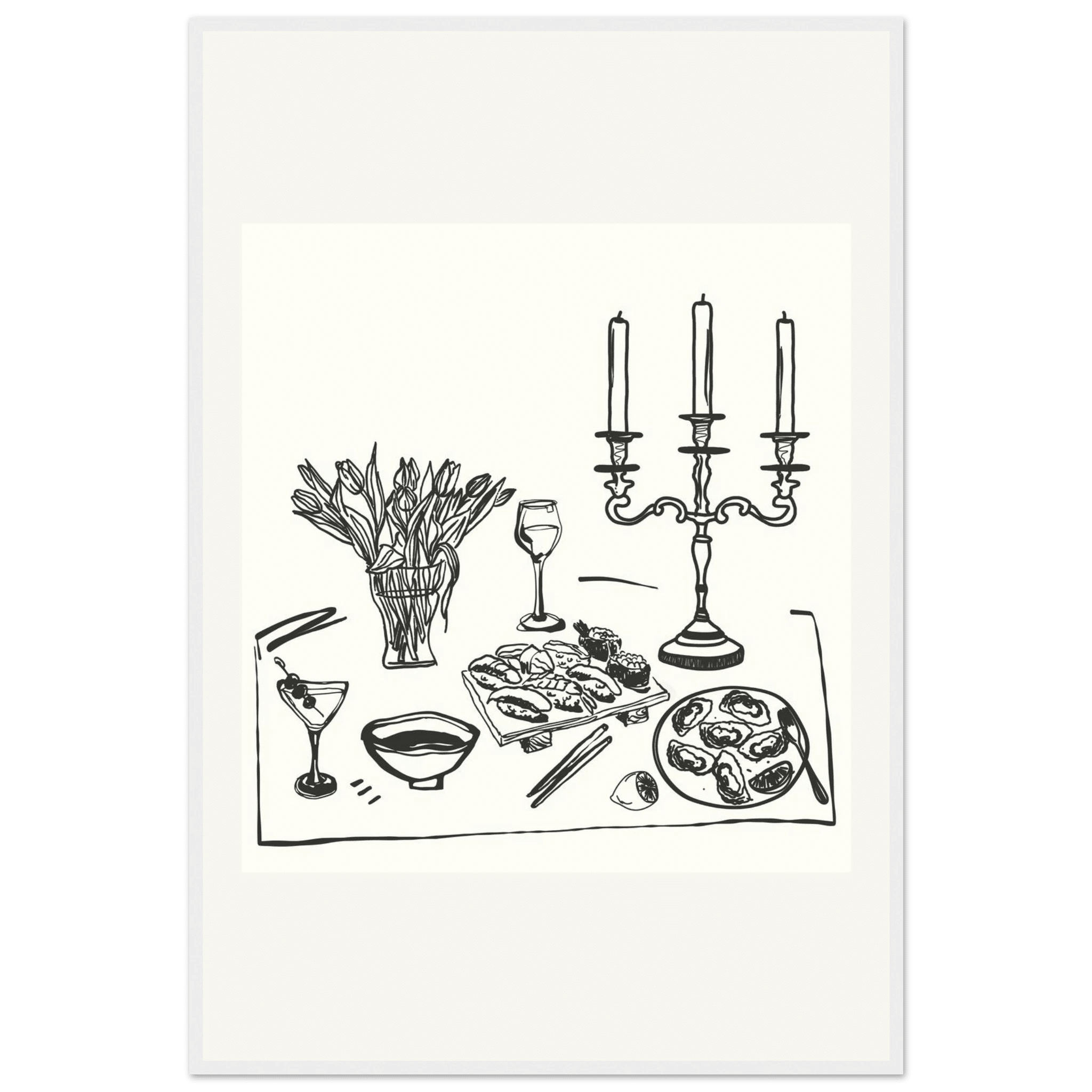 Fine Dining Table Print | Black Line Art Kitchen Wall Art | Elegant Dining Room Poster - Evergreen Posters