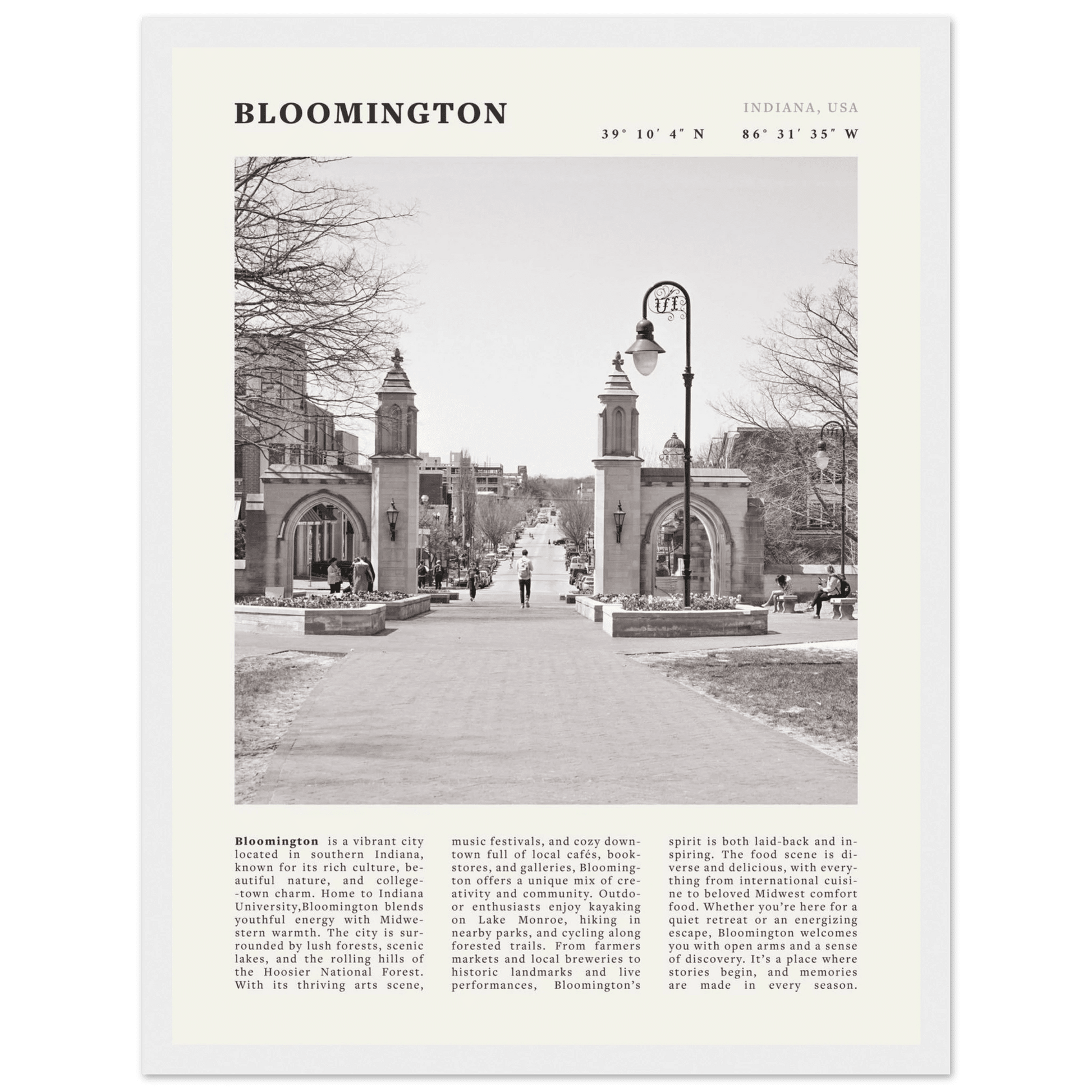 Bloomington Indiana Black and White Vintage Poster - Evergreen Posters