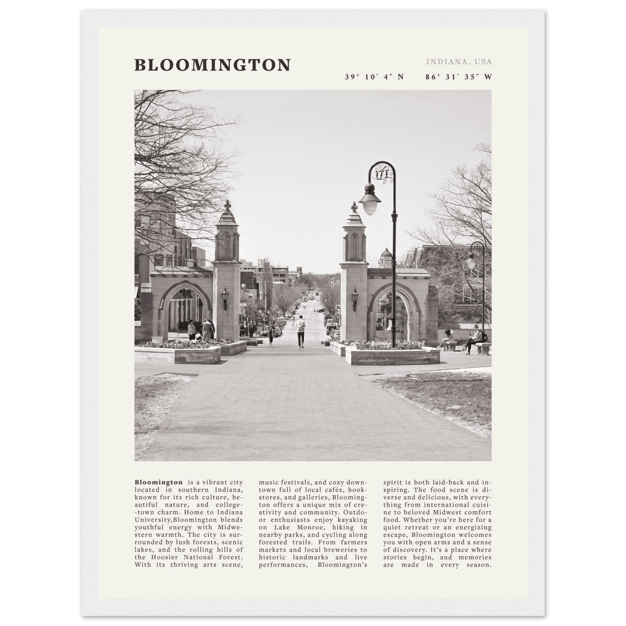 Bloomington Indiana Black and White Vintage Poster - Evergreen Posters