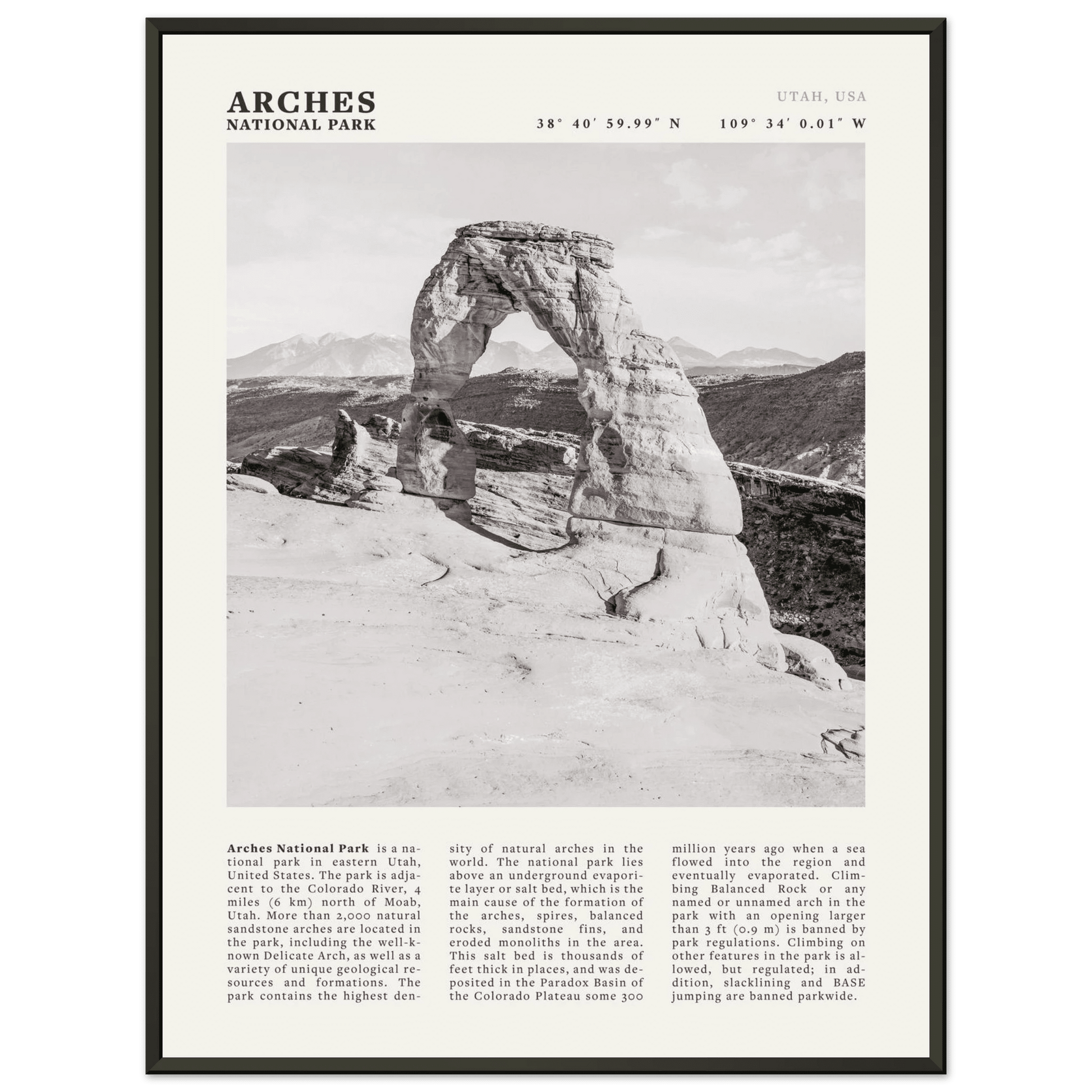 Arches National Park Poster | Black & White Utah Wall Art | Delicate Arch Print - Evergreen Posters