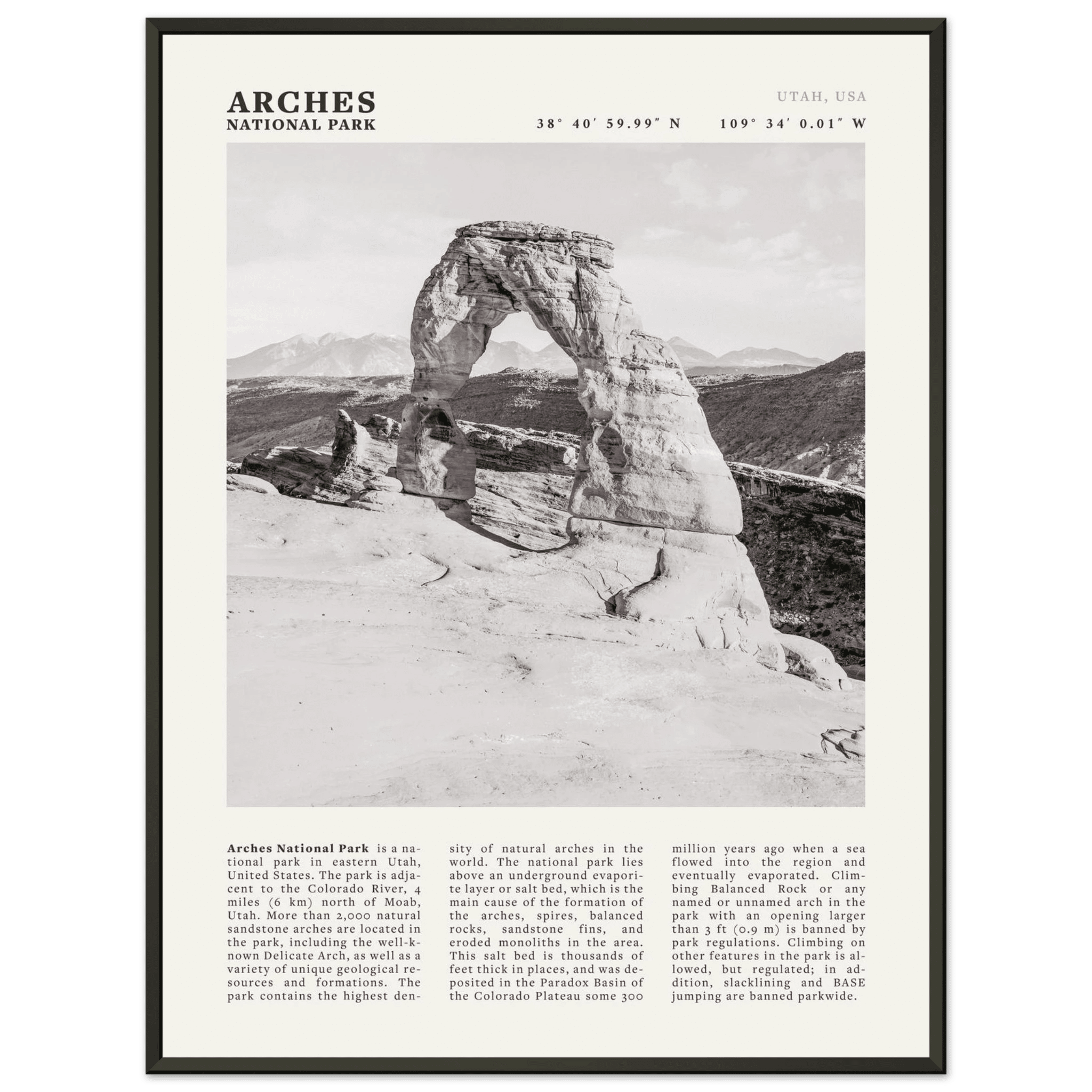 Arches National Park Poster | Black & White Utah Wall Art | Delicate Arch Print - Evergreen Posters