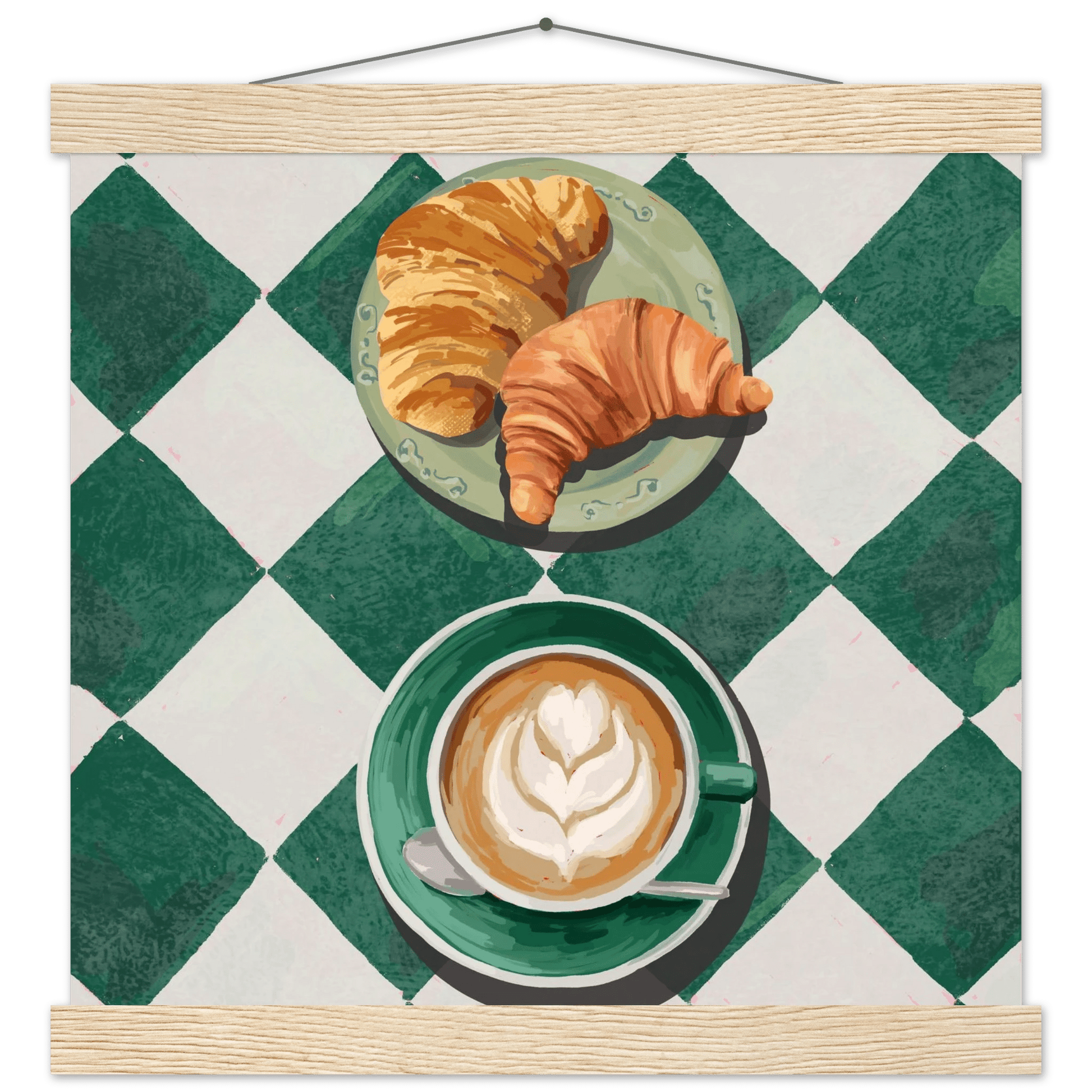 Croissant & Latte Poster | Classic Kitchen Wall Art | Green Tile Square Breakfast Print - Evergreen Posters - 29