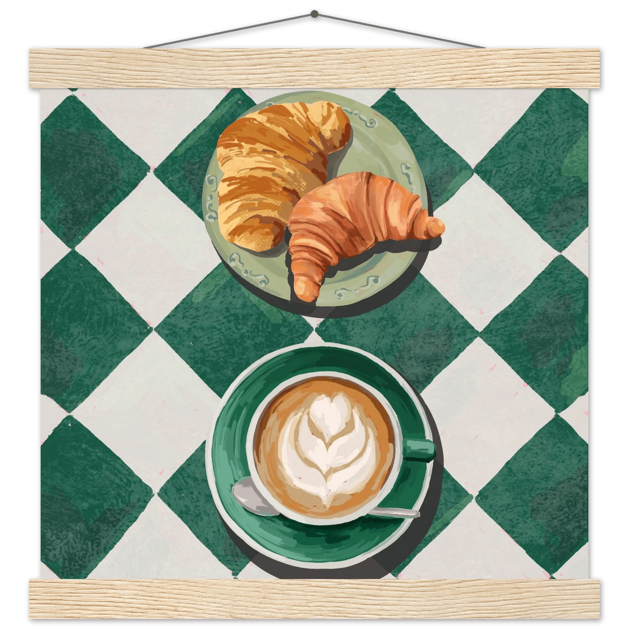 Croissant & Latte Poster | Classic Kitchen Wall Art | Green Tile Square Breakfast Print - Evergreen Posters - 29