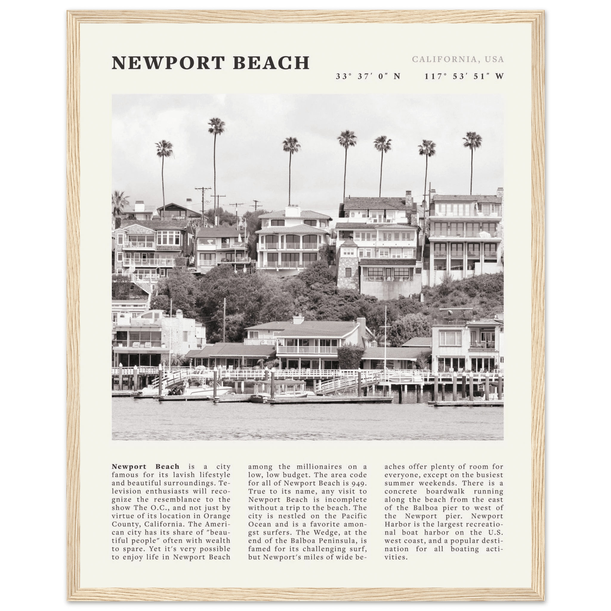 Newport Beach Poster | Black & White California Harbor Wall Art | Coastal Print - Evergreen Posters