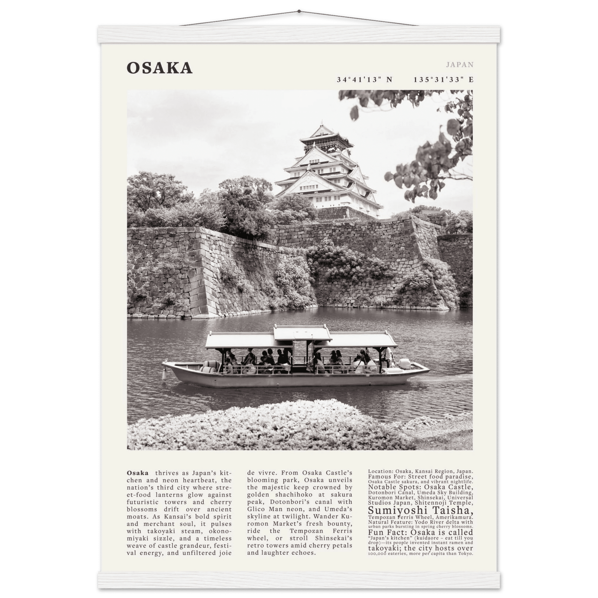 Osaka Poster Black and White – Vintage Osaka Castle Cherry Blossom Print (Digital & Printed Options) - Evergreen Posters