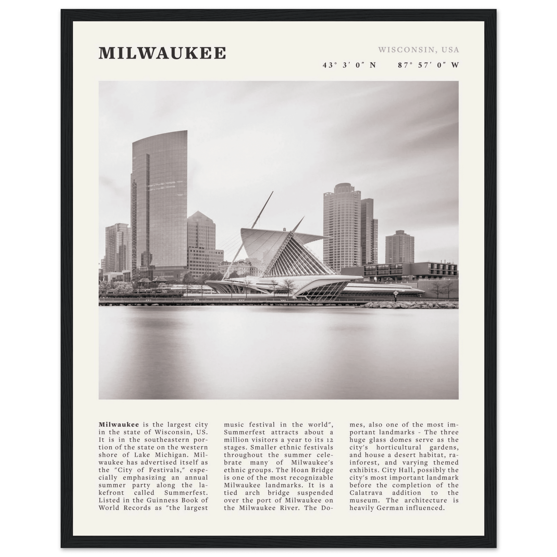 Milwaukee Poster | Black & White Wisconsin City Wall Art | USA Travel Print - Evergreen Posters