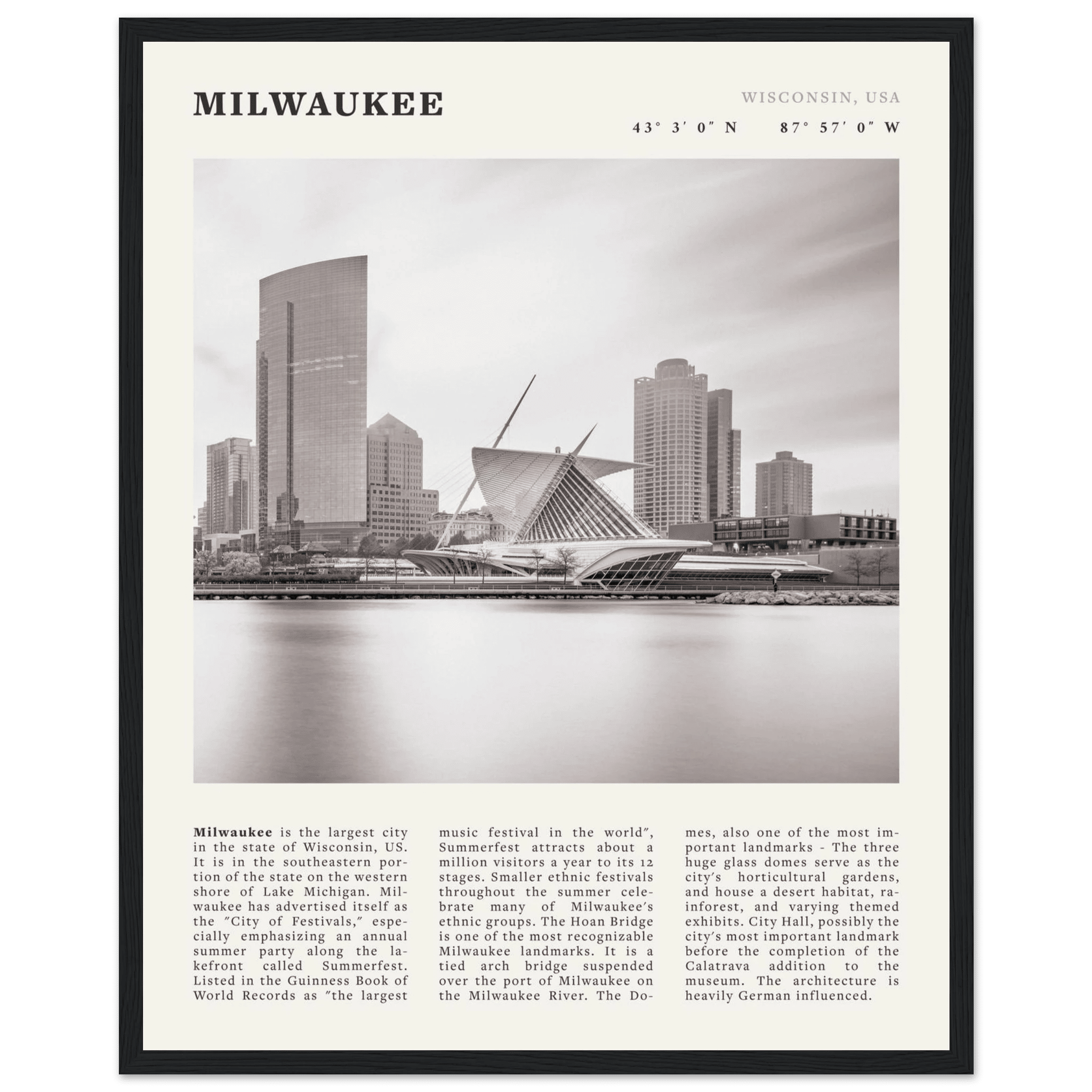 Milwaukee Poster | Black & White Wisconsin City Wall Art | USA Travel Print - Evergreen Posters