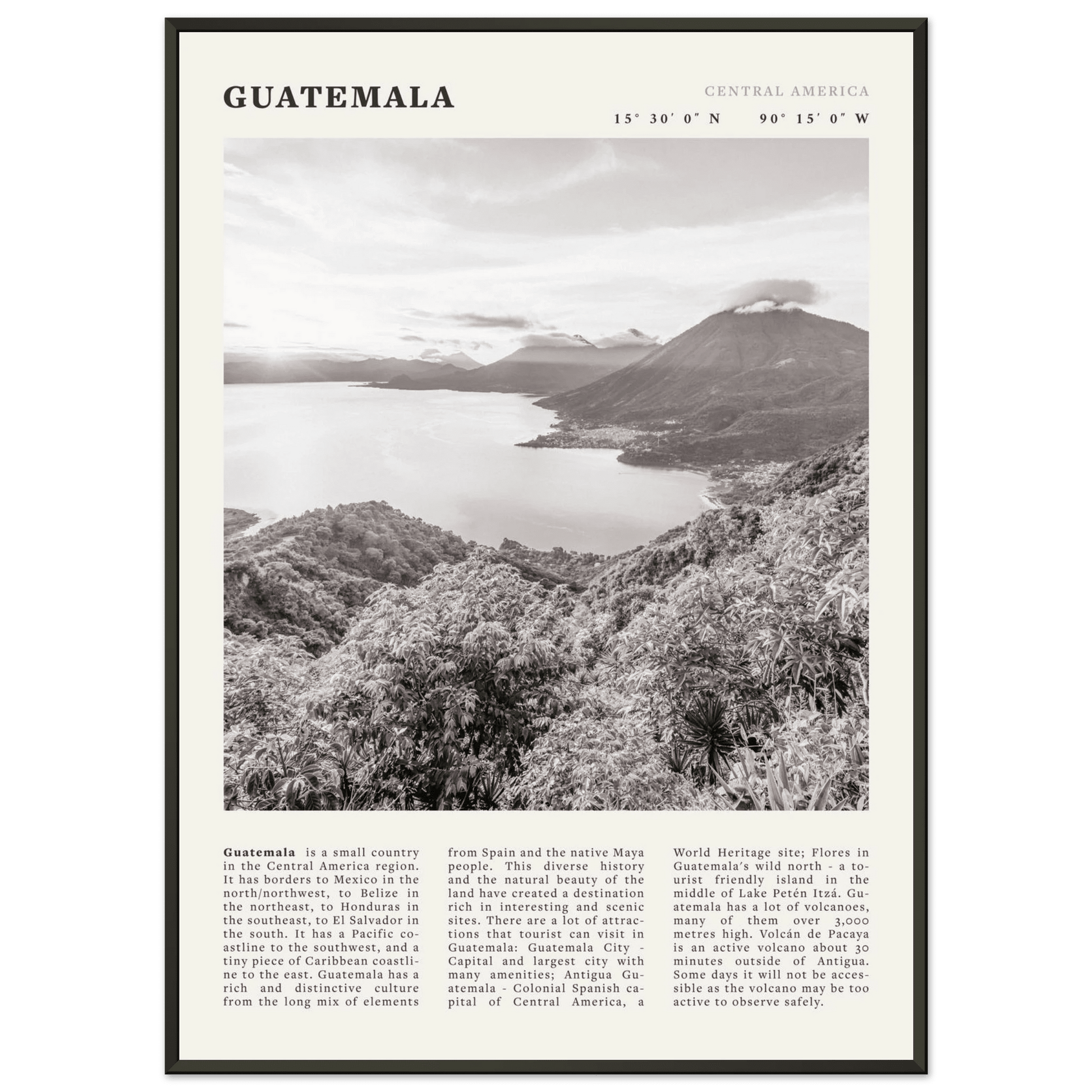 Guatemala Poster | Black & White Lake Atitlan Wall Art | Central America Travel Print - Evergreen Posters