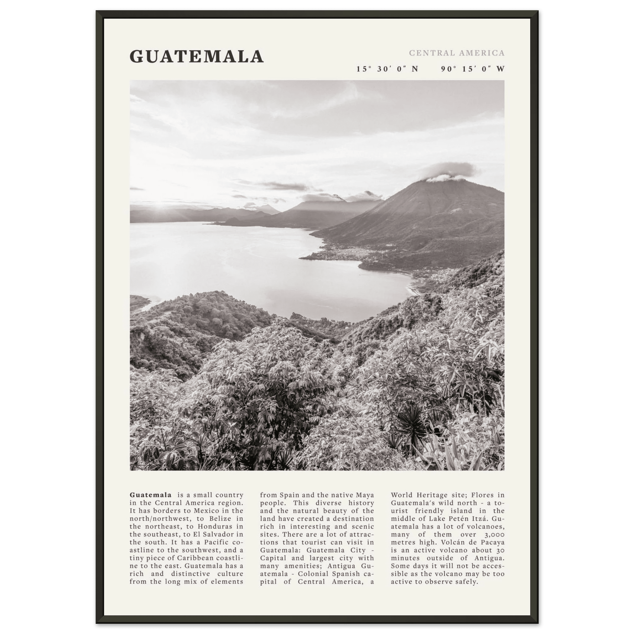Guatemala Poster | Black & White Lake Atitlan Wall Art | Central America Travel Print - Evergreen Posters
