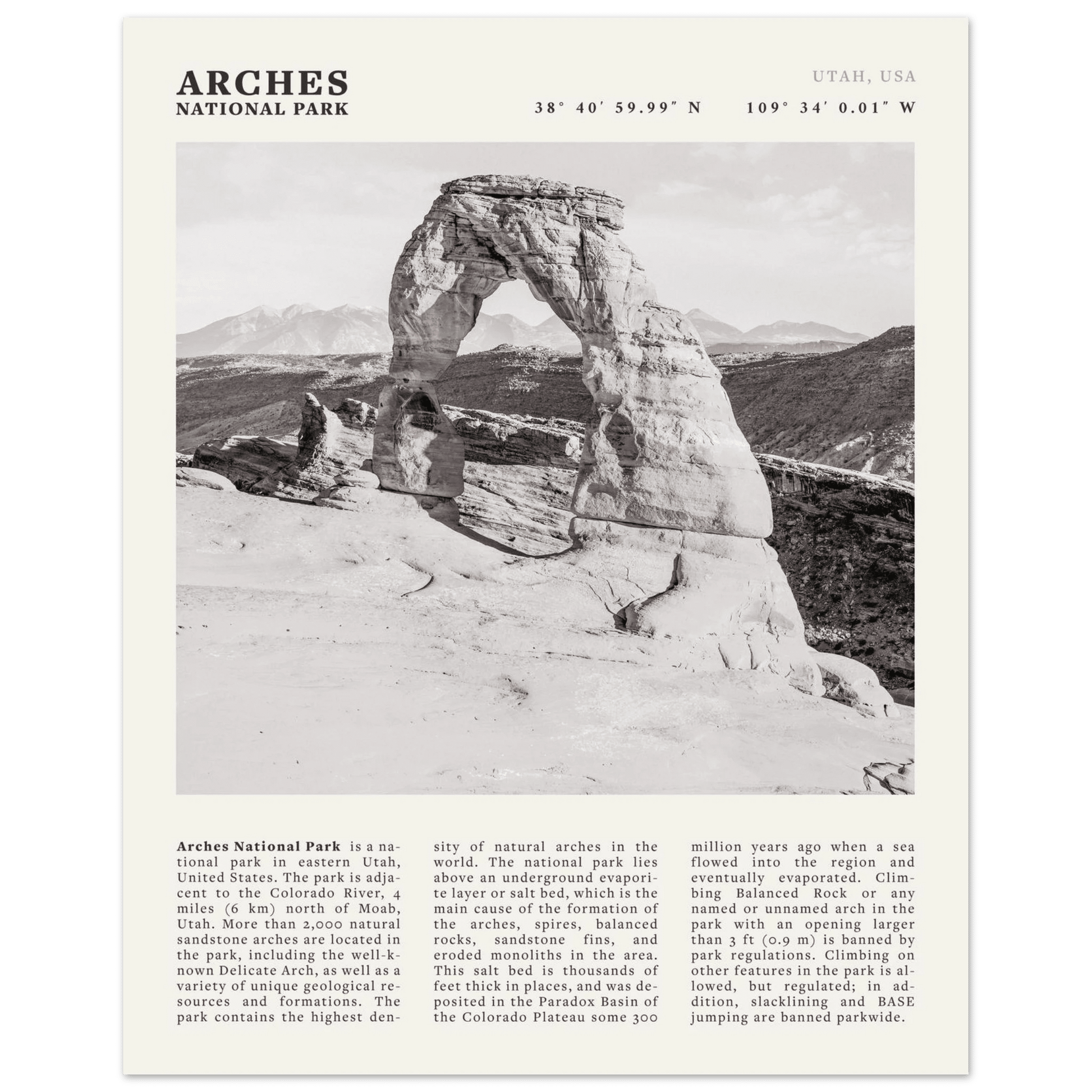 Arches National Park Poster | Black & White Utah Wall Art | Delicate Arch Print - Evergreen Posters