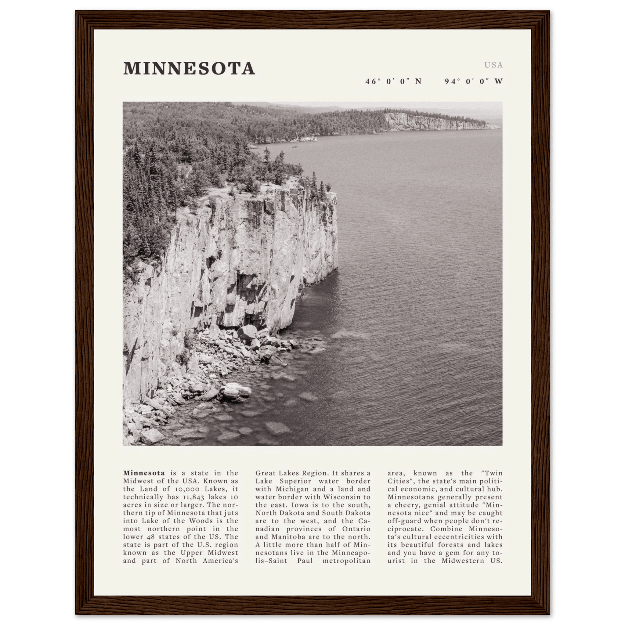 Minnesota Poster | Black & White Lake Superior Wall Art | USA Nature Travel Print - Evergreen Posters