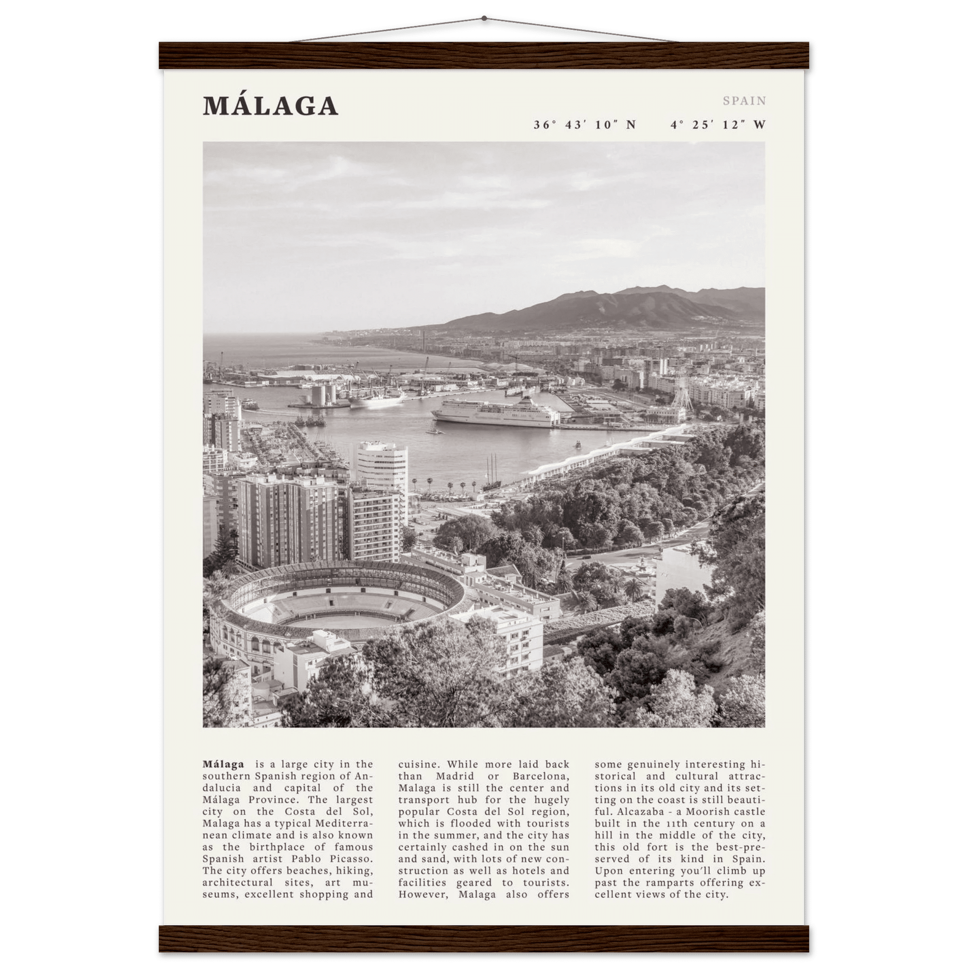 Málaga Poster | Black & White Costa del Sol Wall Art | Spain Travel Print - Evergreen Posters