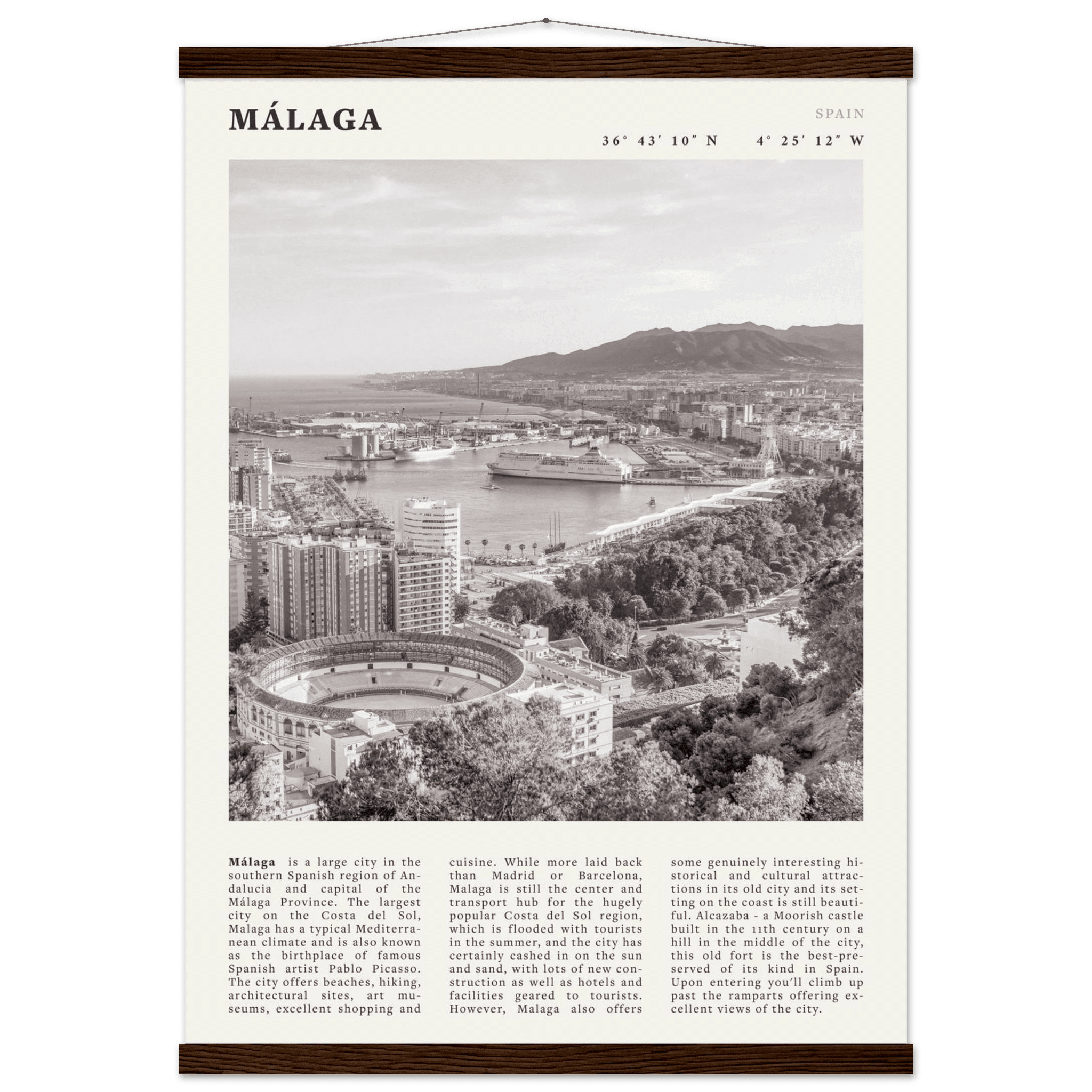 Málaga Poster | Black & White Costa del Sol Wall Art | Spain Travel Print - Evergreen Posters